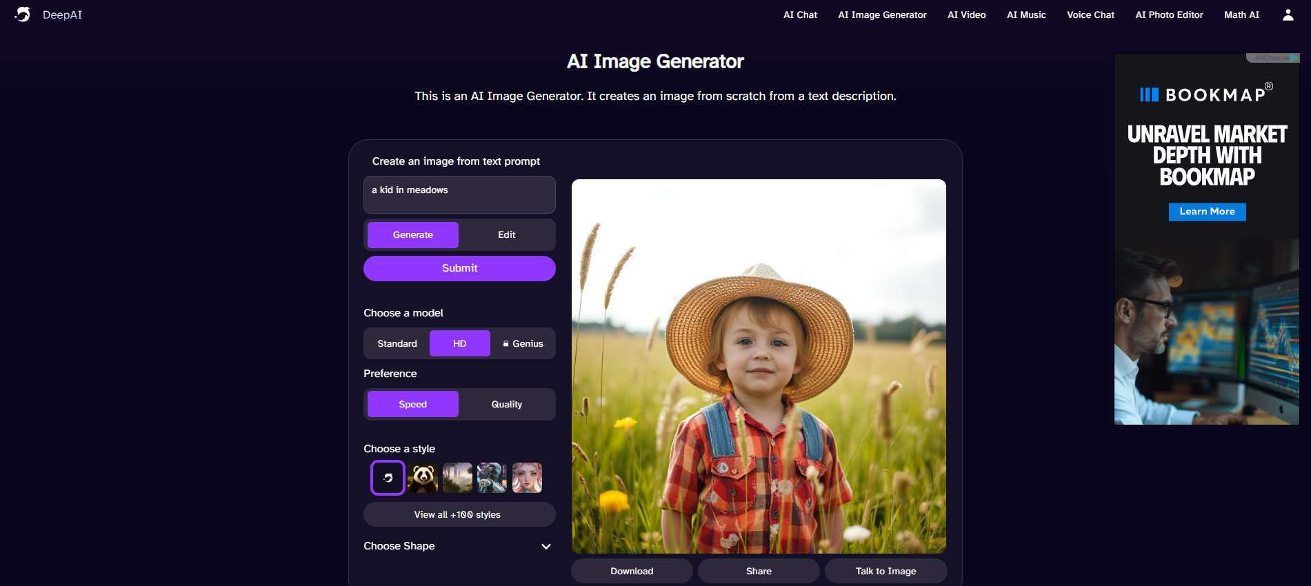 Interface of DeepAI - a highly accessible AI photo editor with prompts