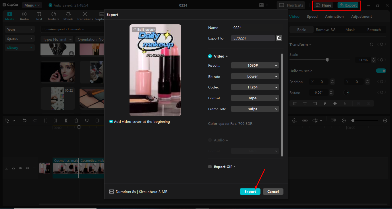 Mengekspor bentuk video TikTok ke editor video desktop Capcut