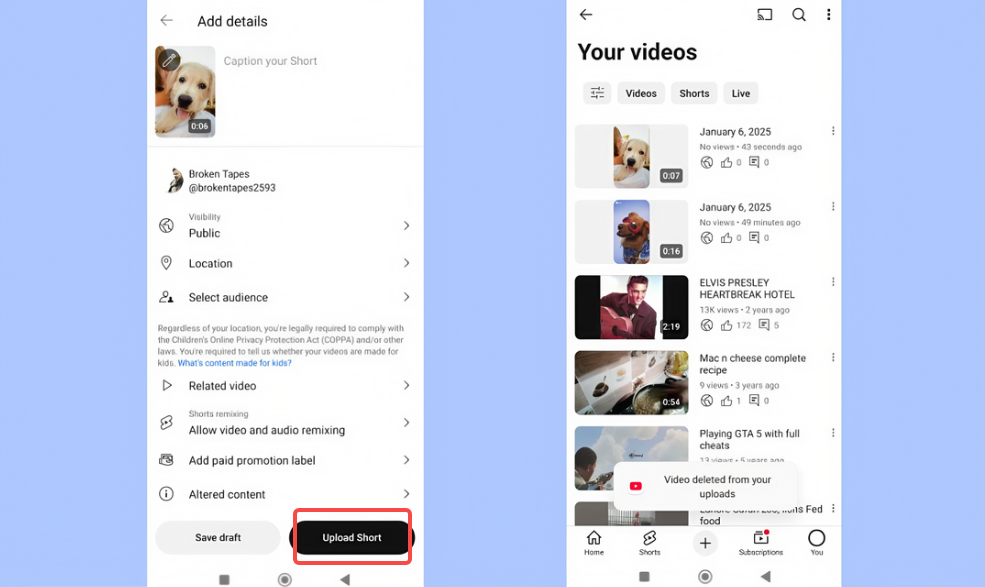 Upload the short