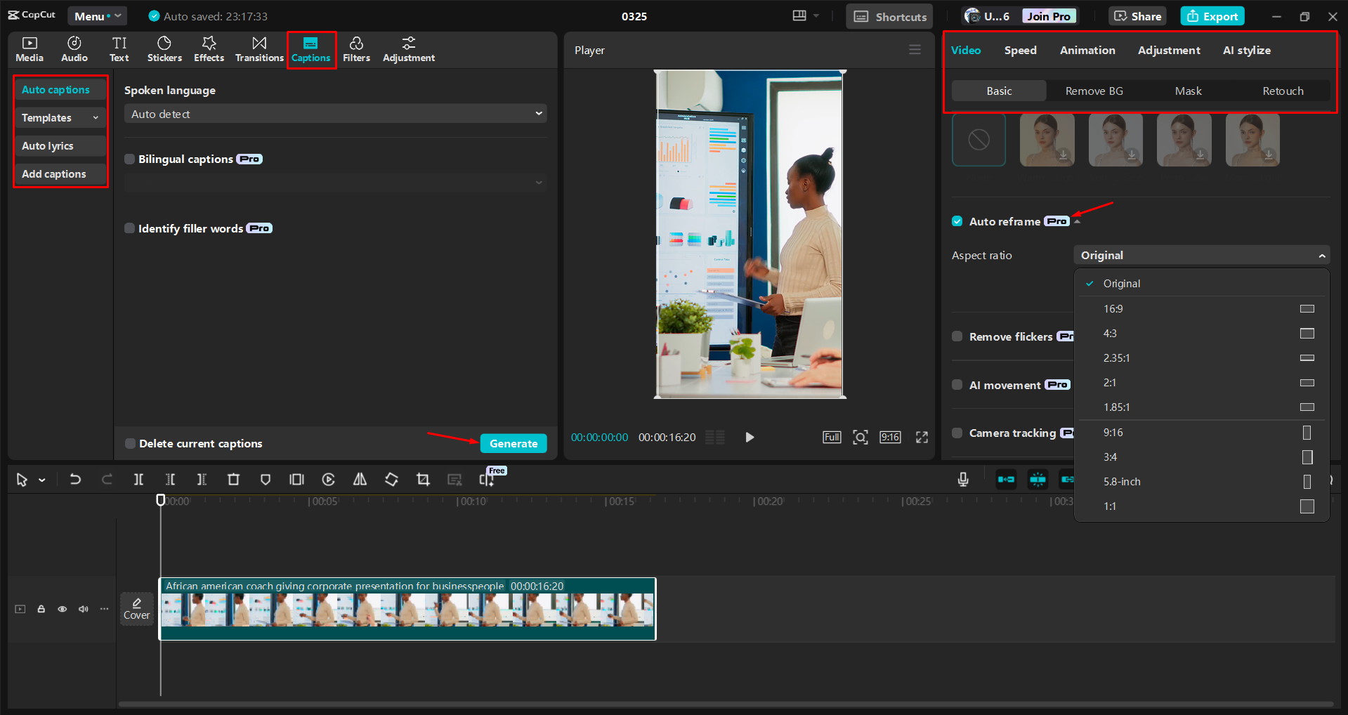 Reencuadre automático y edición de un Reel de Instagram en el CapCut editor de video de escritorio