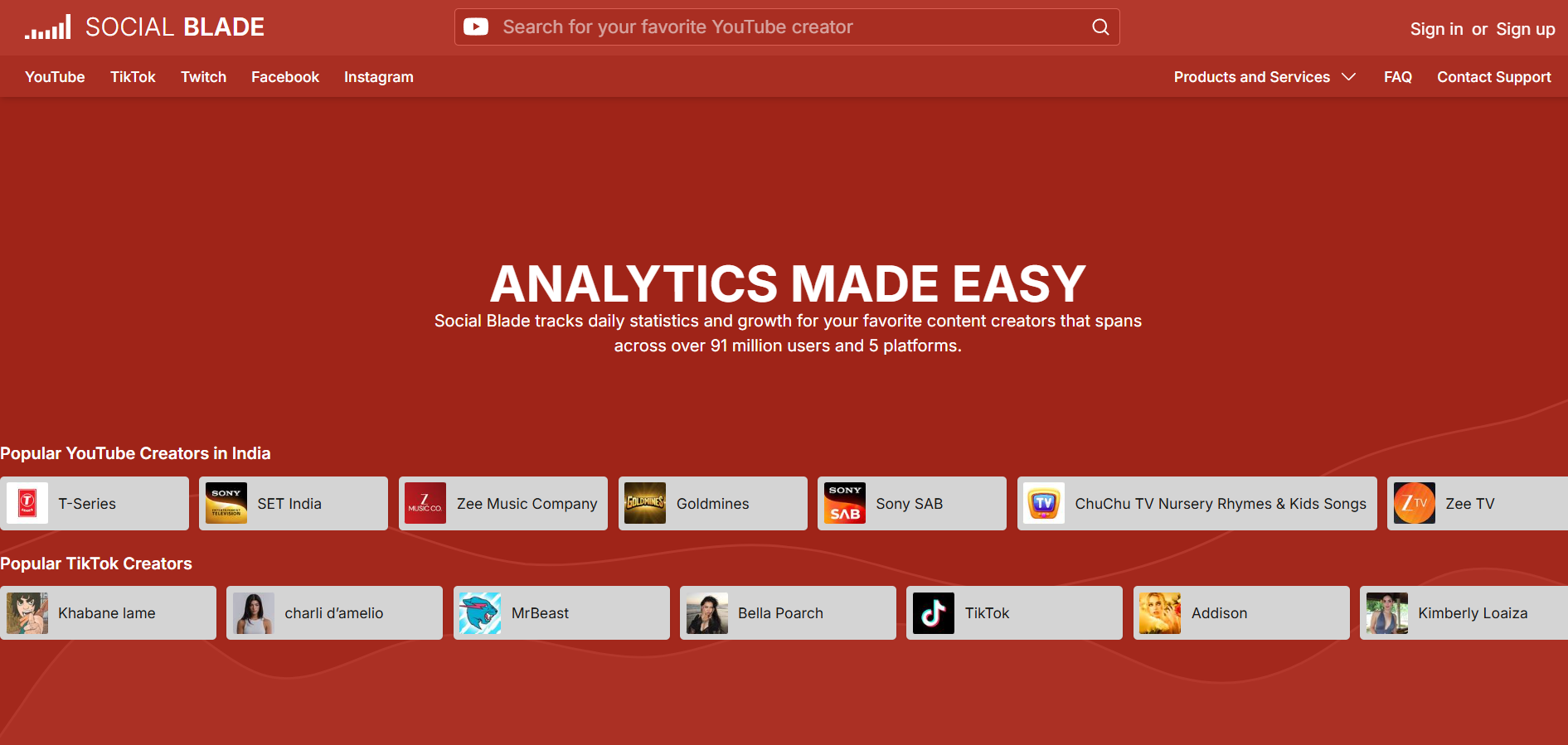 Social Blade homepage