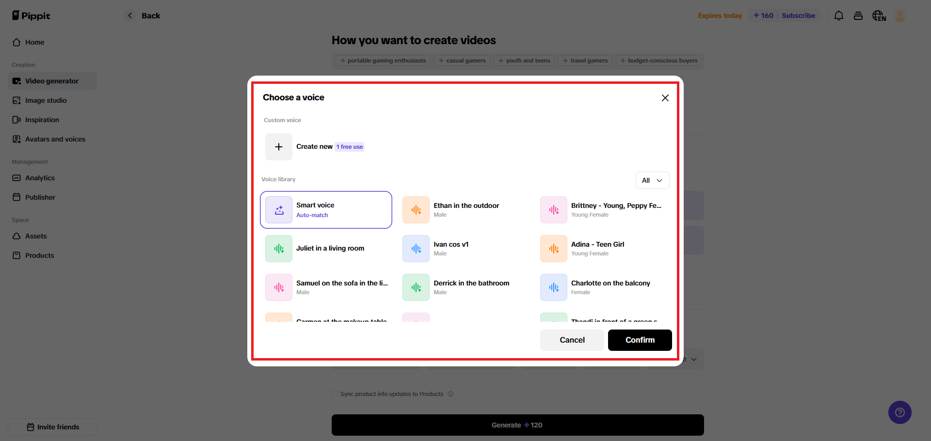 Use a custom voice or select a pre-defined one