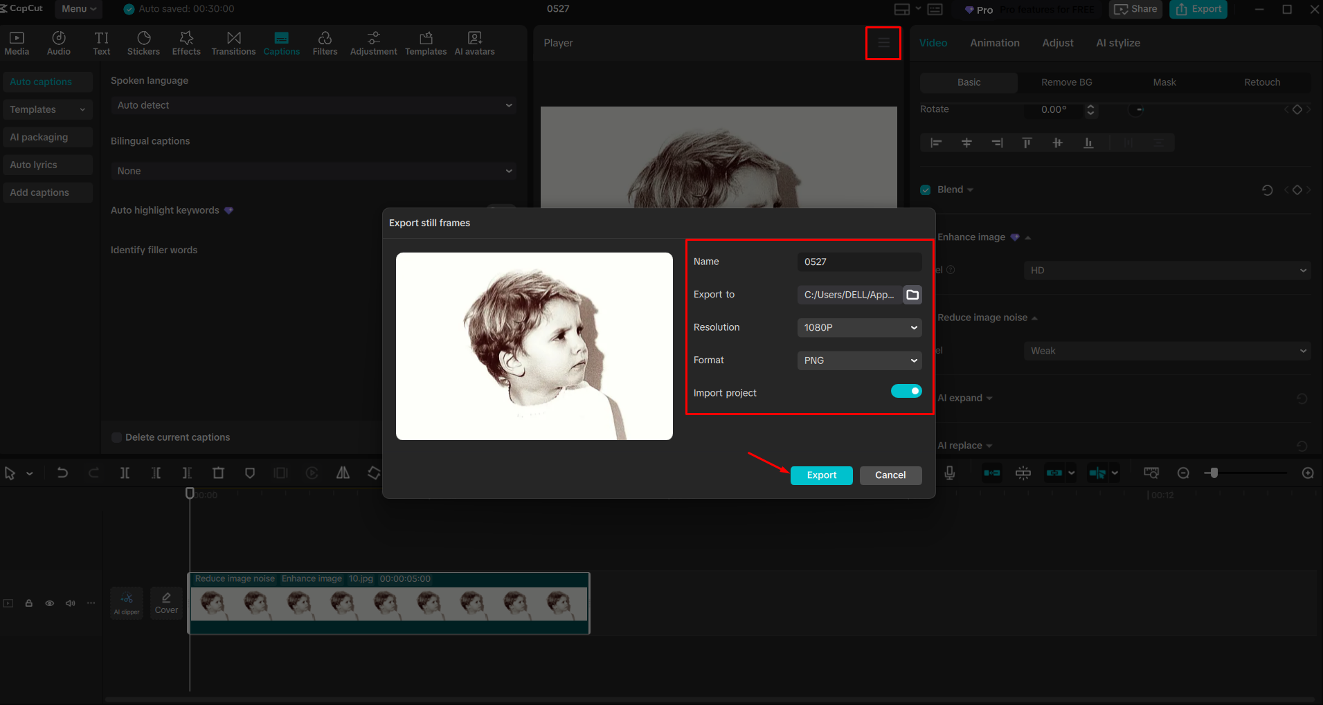 Mengekspor foto dari editor video desktop CapCut