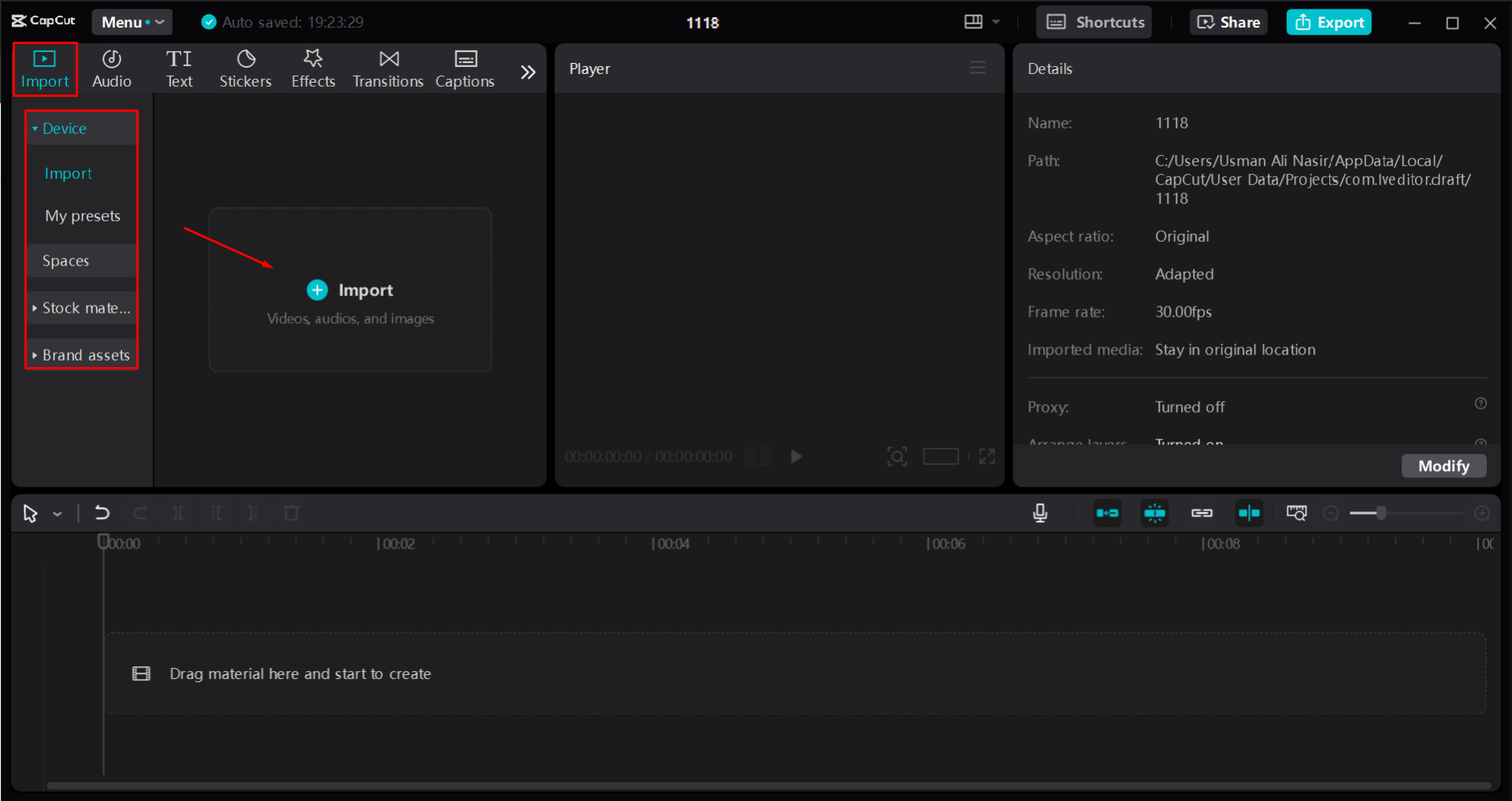 Importieren des Videos und der Bilder in den CapCut Desktop-Video-Editor