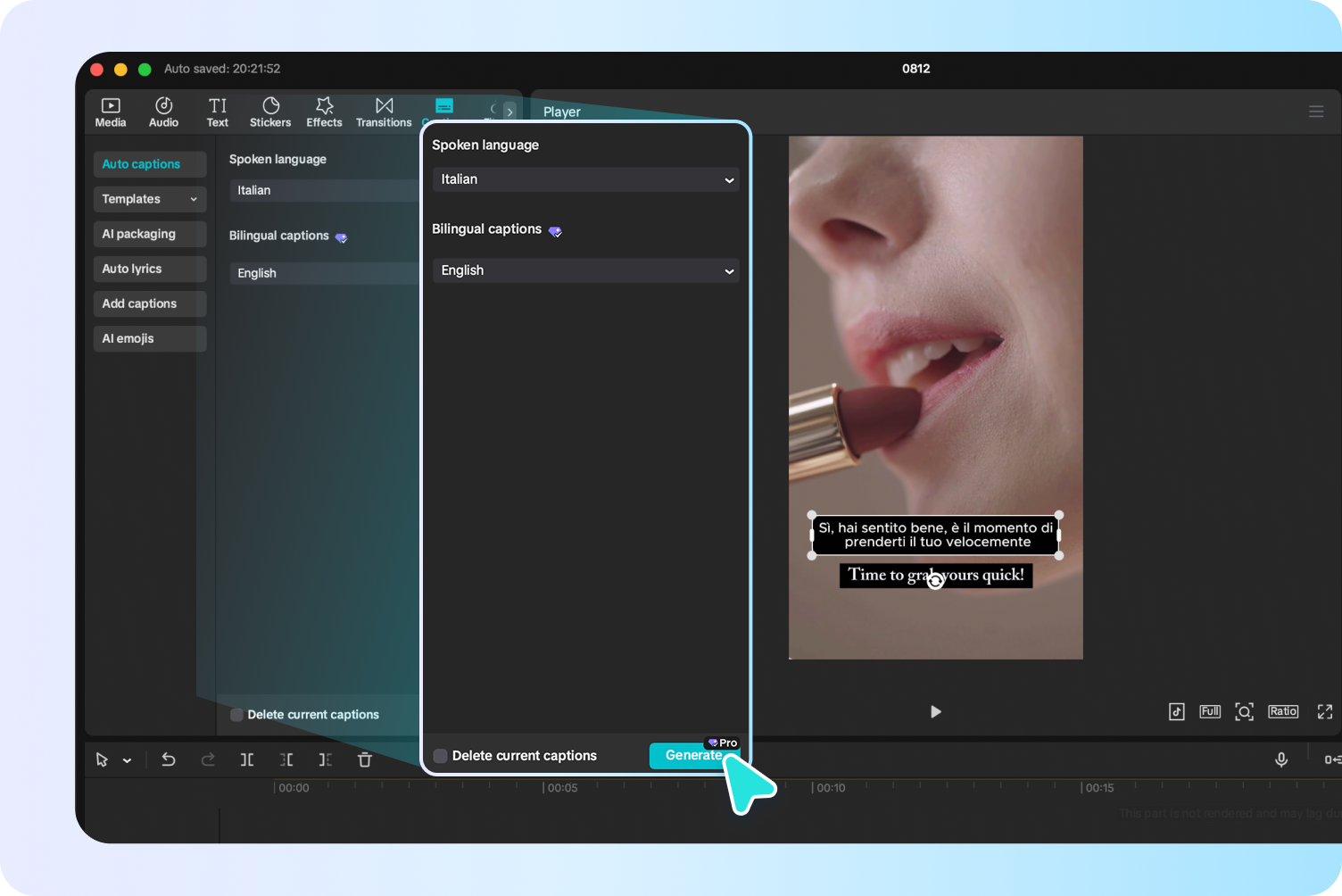 Translating Italian to English using CapCut's auto captions