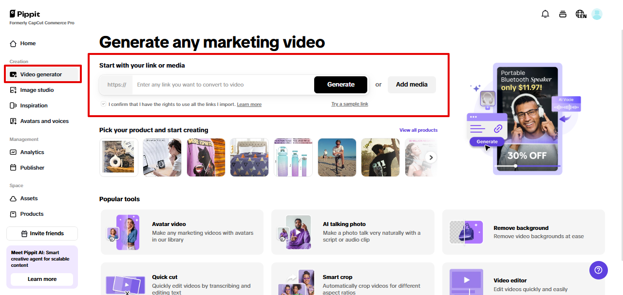 Accessing video generator in Pippit