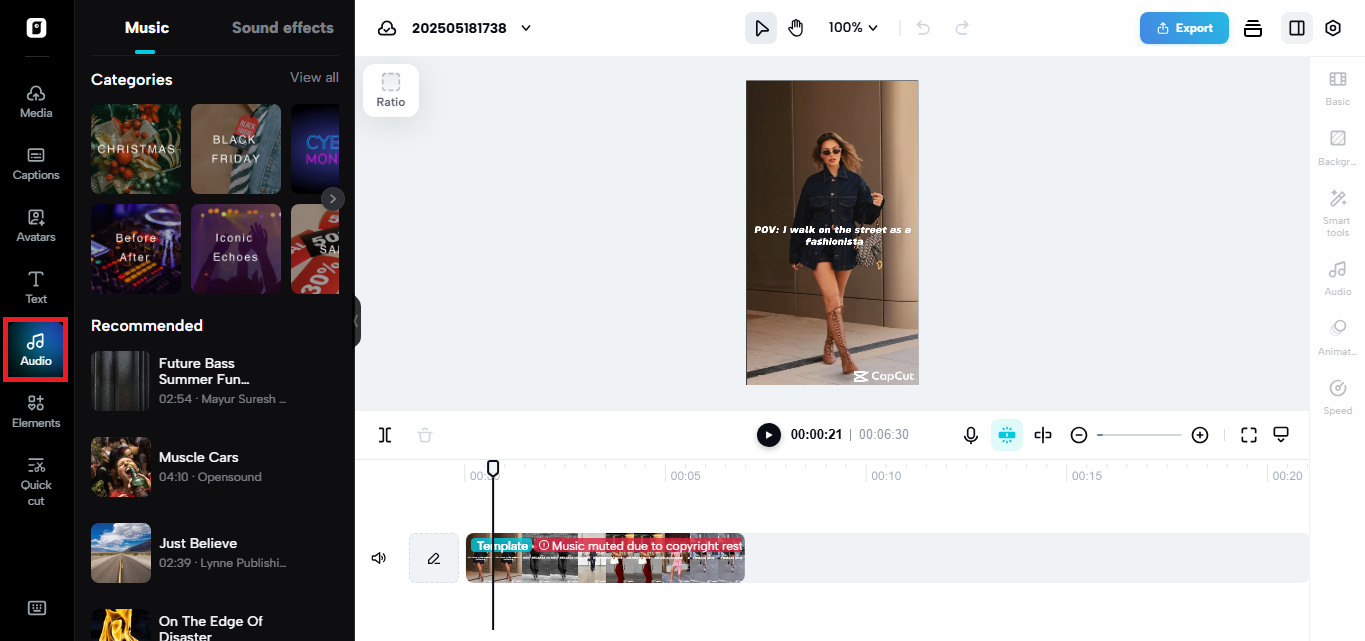 Audio library in Pippit's video editor