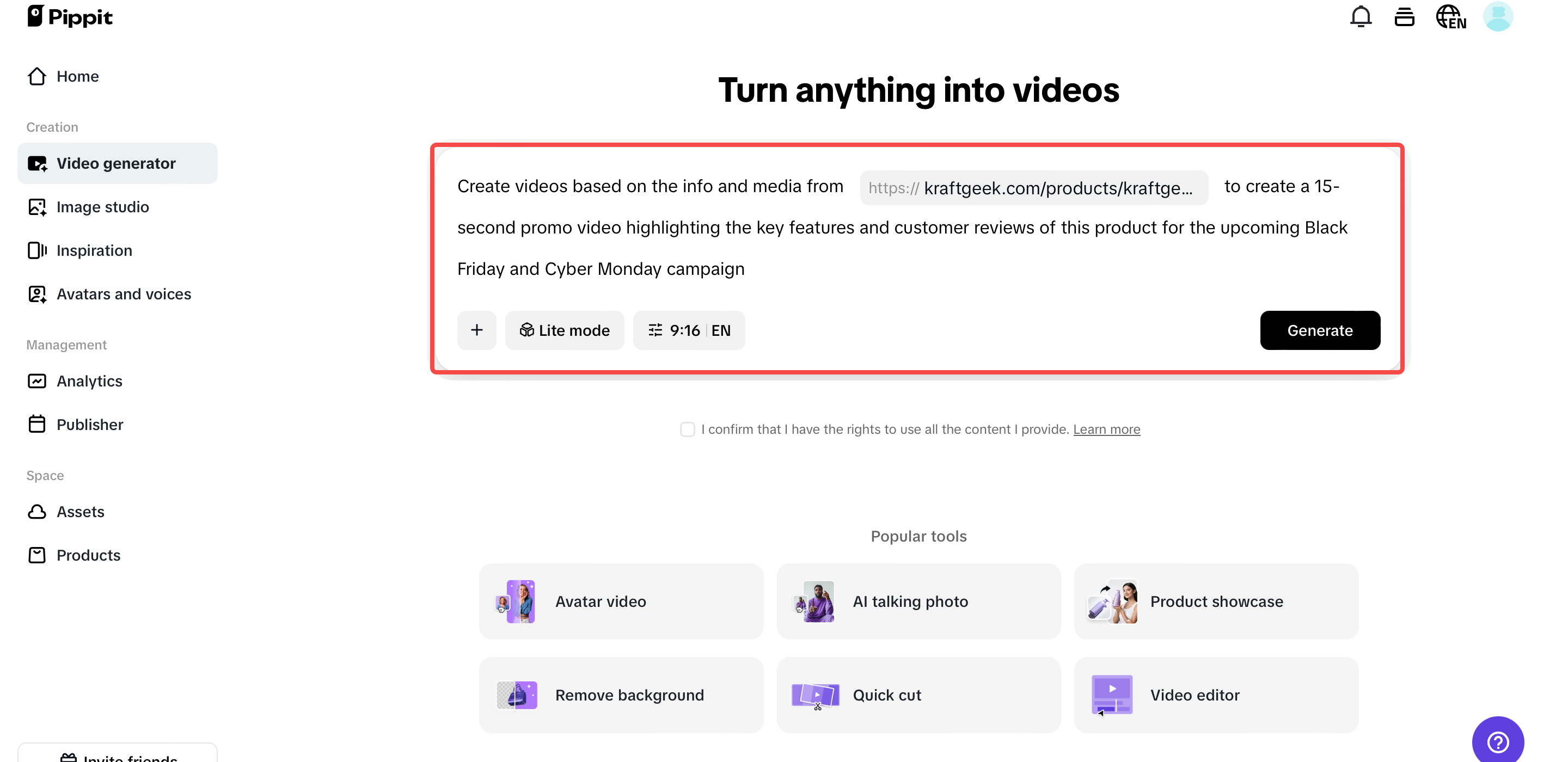 เริ่มต้นด้วยตัวสร้างวิดีโอของ Pippit
