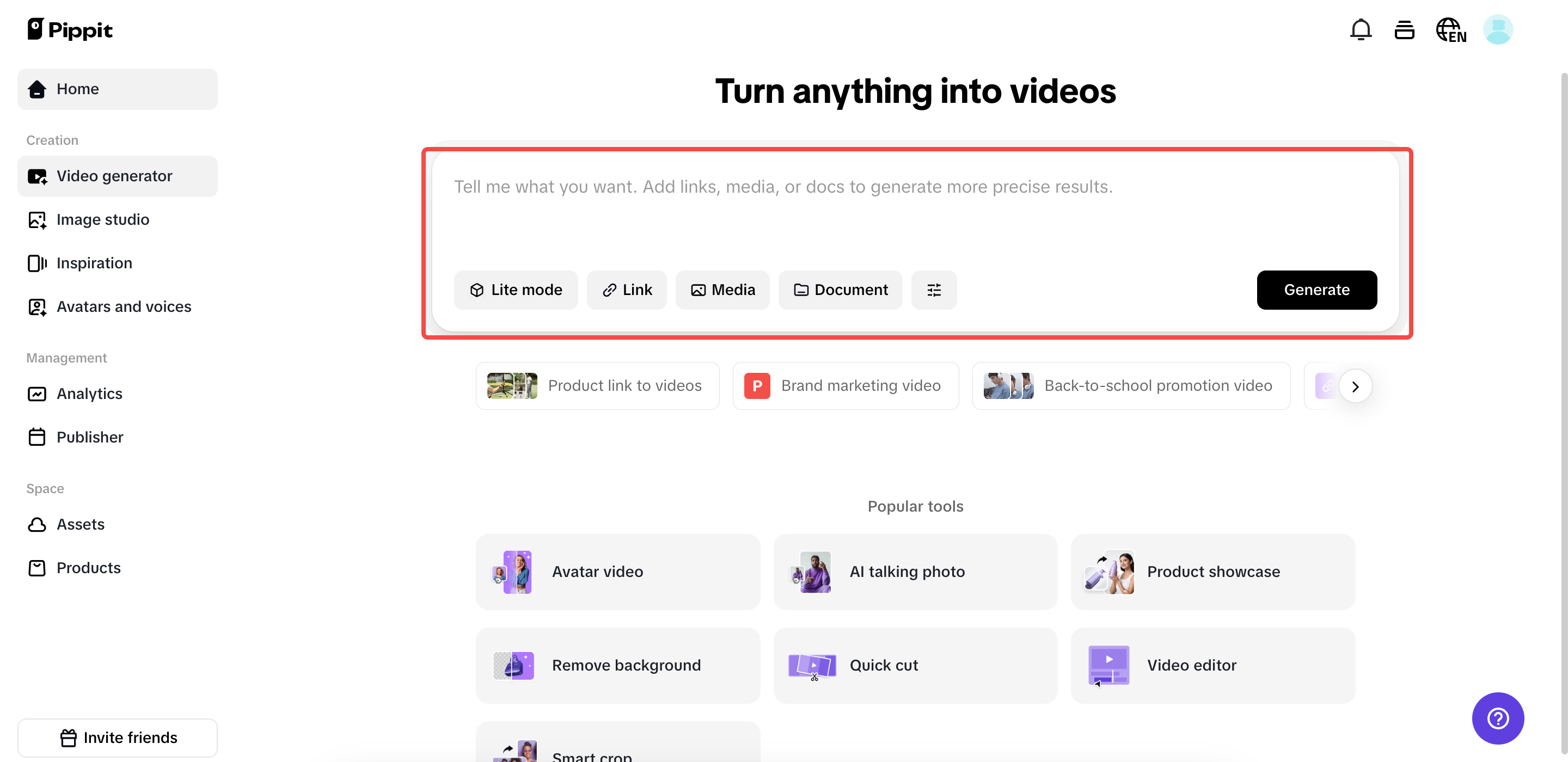 Access the "Video generator" section