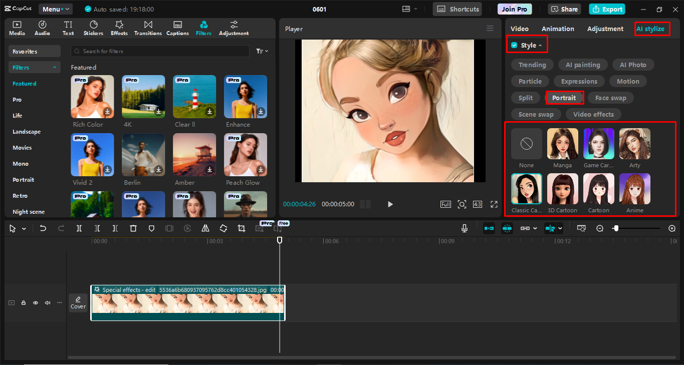 Conversione di un'immagine in un cartone animato utilizzando l' CapCut editor video desktop