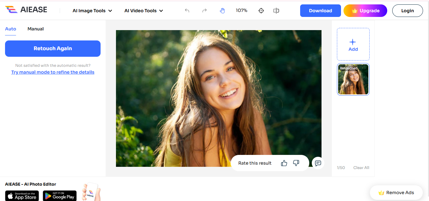 Interface d'IA Ease - Nettoyeur et éditeur de photos pour le visage alimenté par IA
