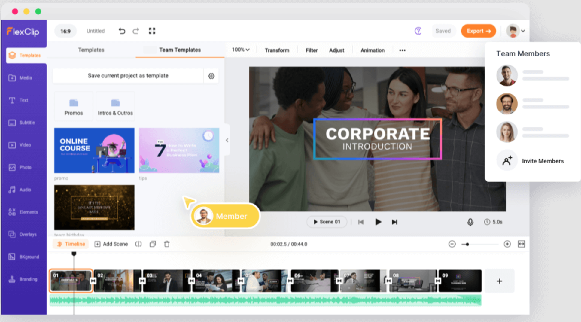 Interface of FlexClip - a user-friendly video clip editor