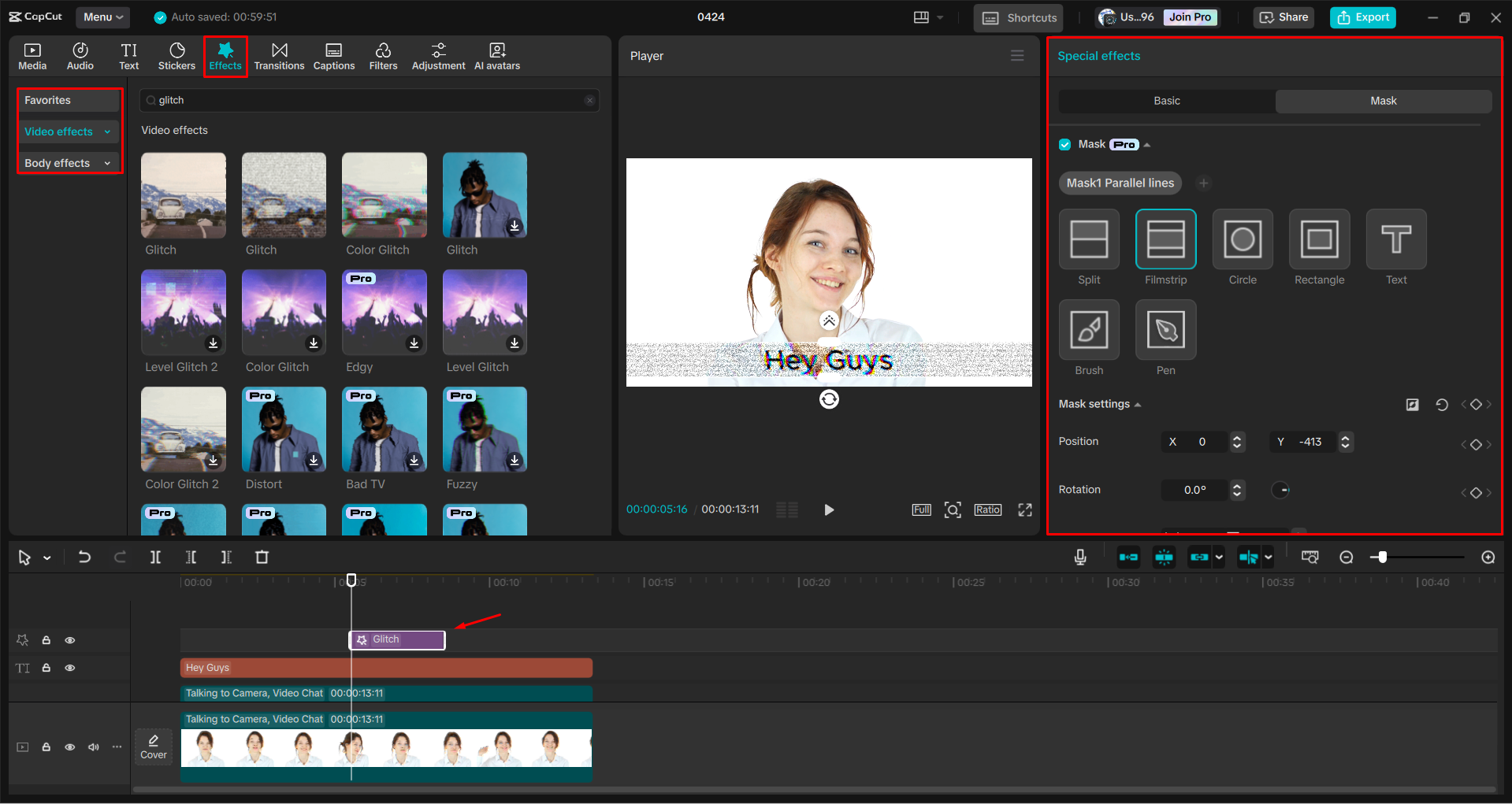 Applying a glitch effect to a text in the CapCut desktop video editor