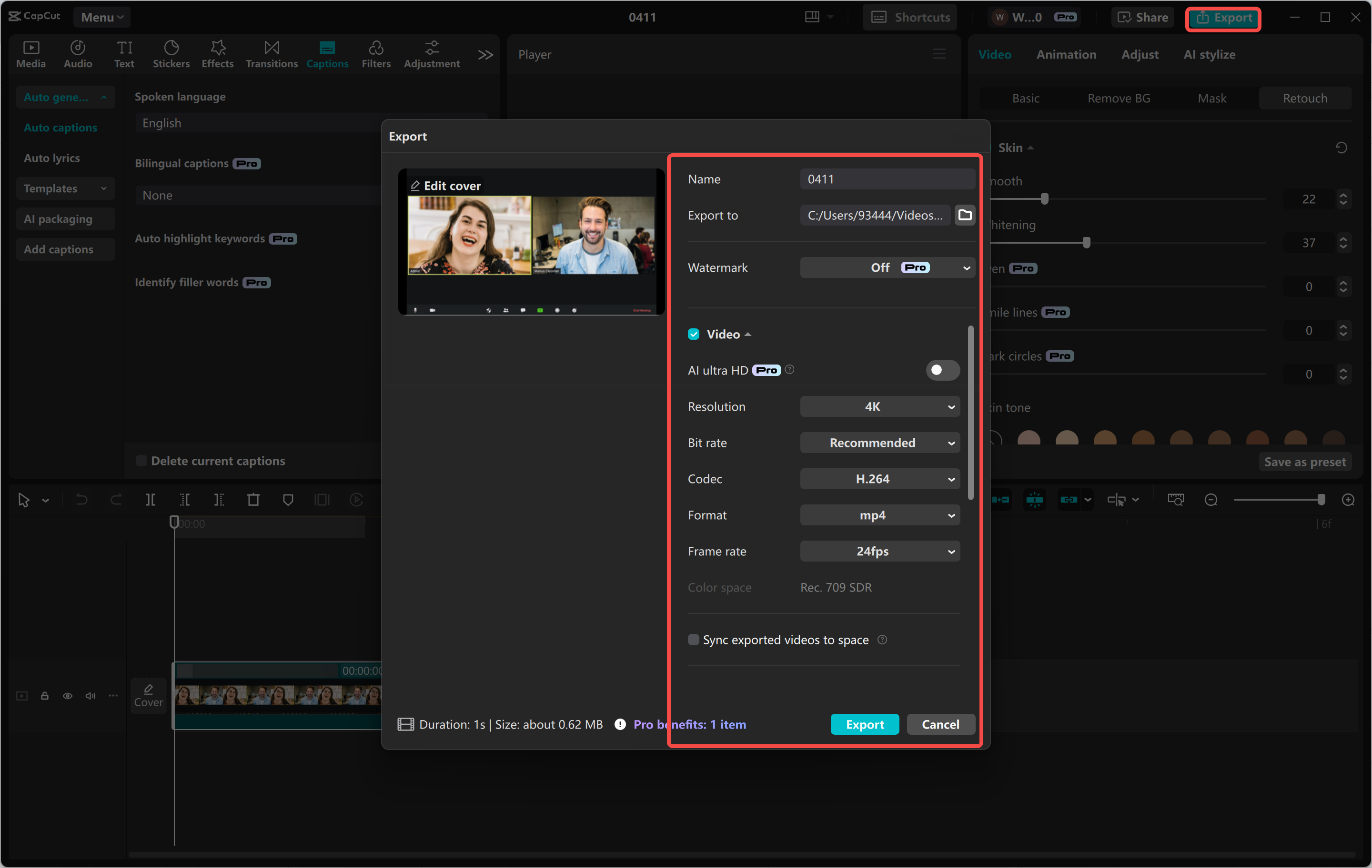 Exportar a gravação do editor de vídeo para desktop CapCut