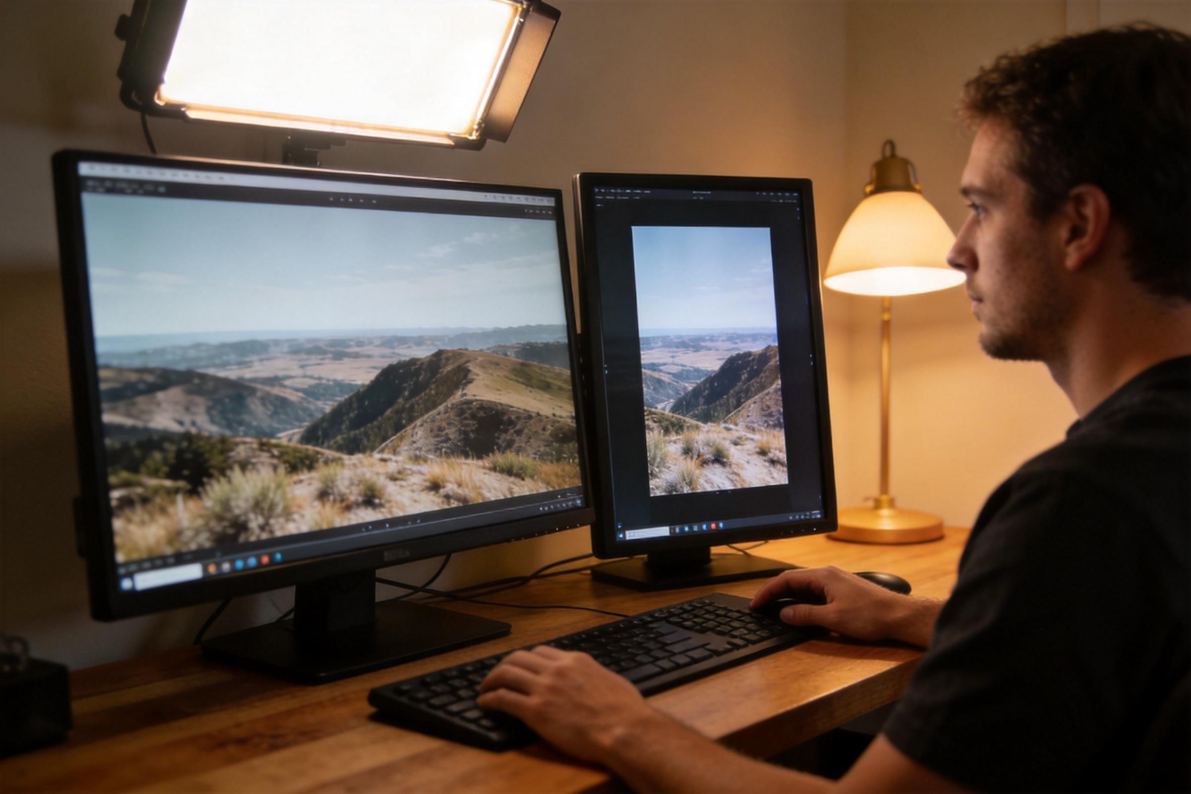 Man editing a landscape video on dual monitors, with one view cropped vertically