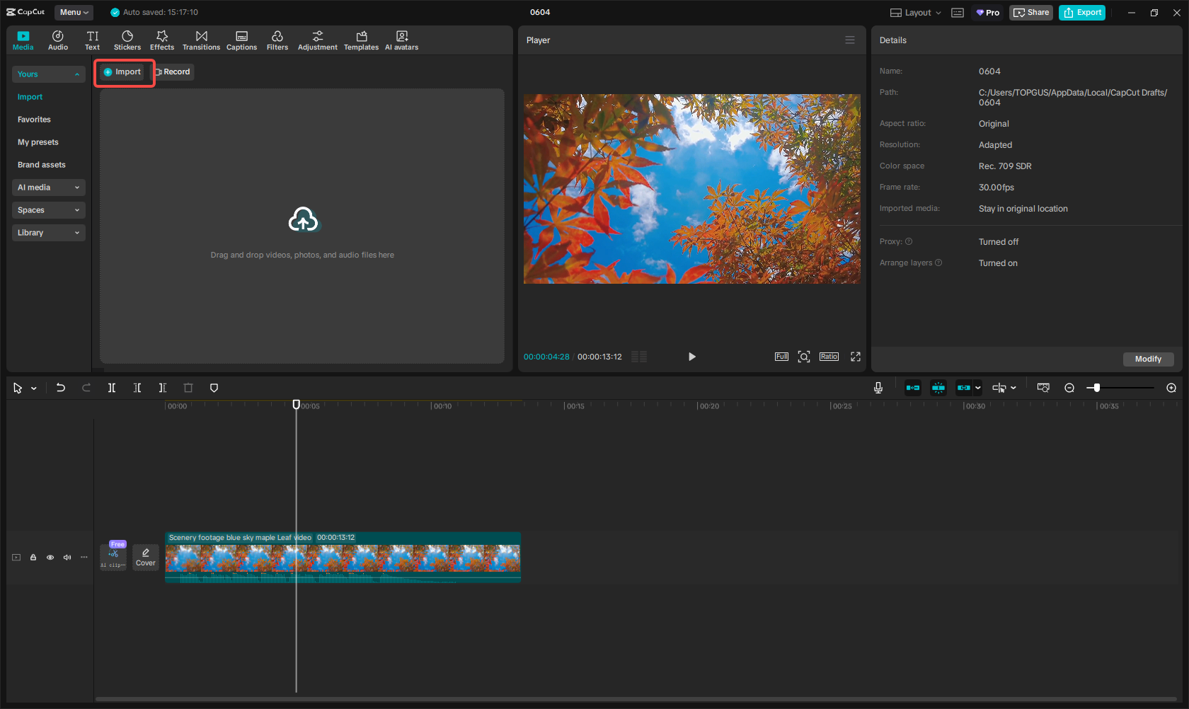 Importing the video into CapCut