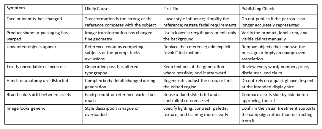 Table of common AI image style transfer issues, causes, fixes, and publishing checks