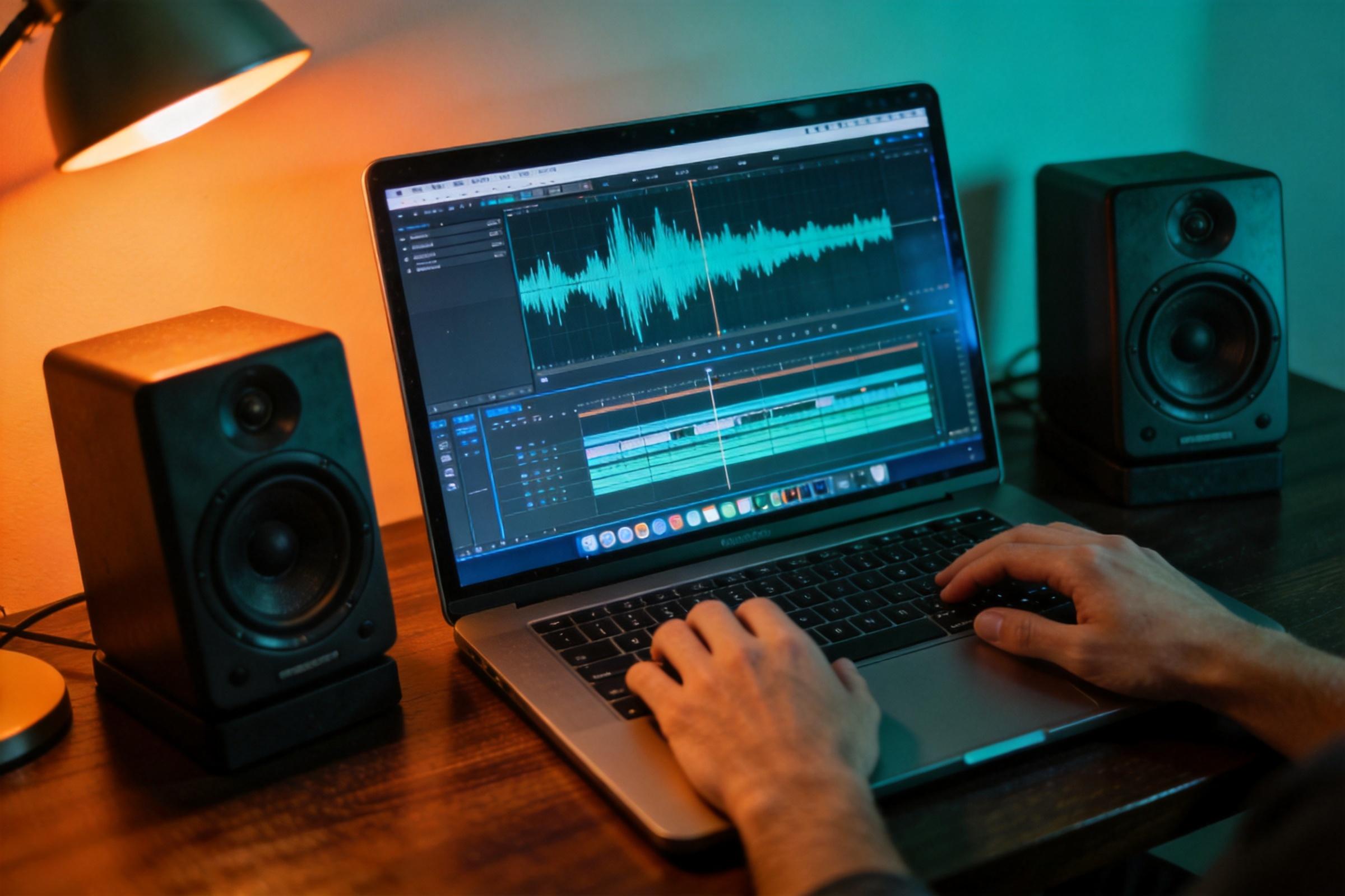 Hands editing an audio waveform on a laptop with speakers on either side