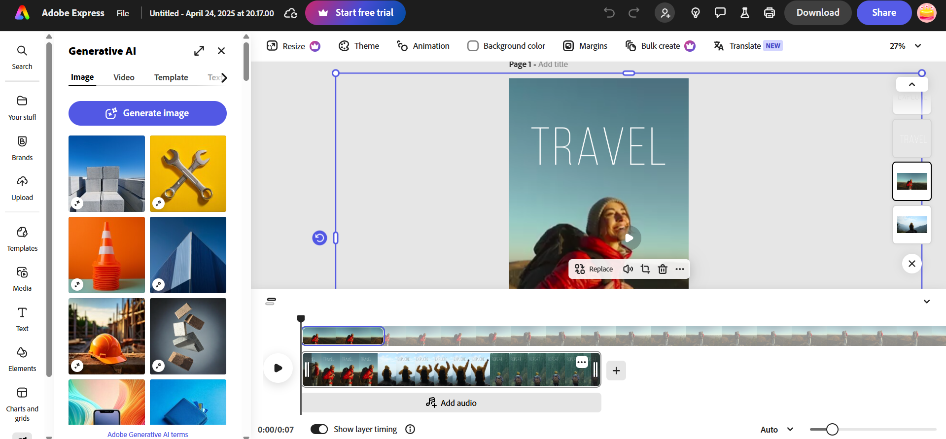 Interfaccia dell'editor video online gratuito di Adobe Express