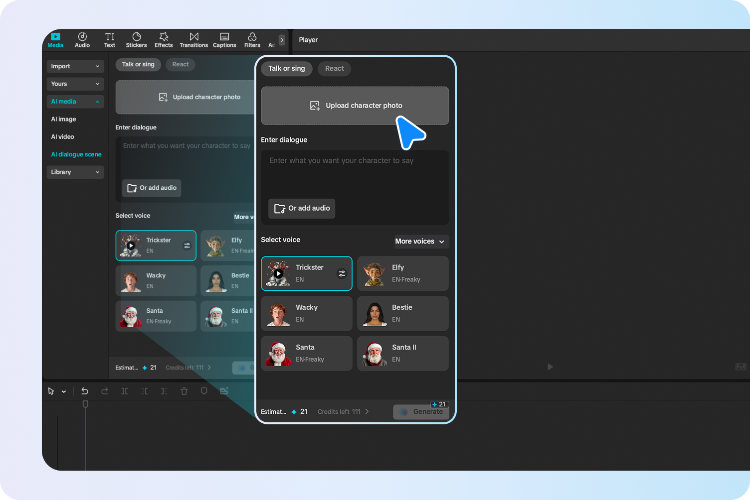 Select a character and input dialogue script into CapCut