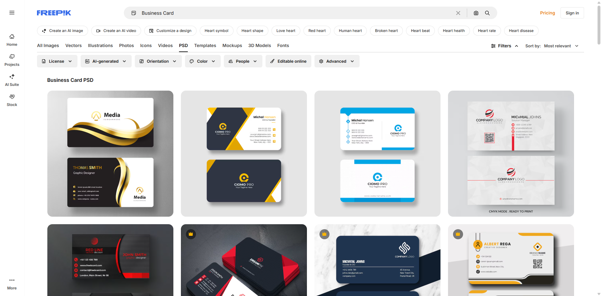 Interface of Freepik - another place to find free PSD business card templates