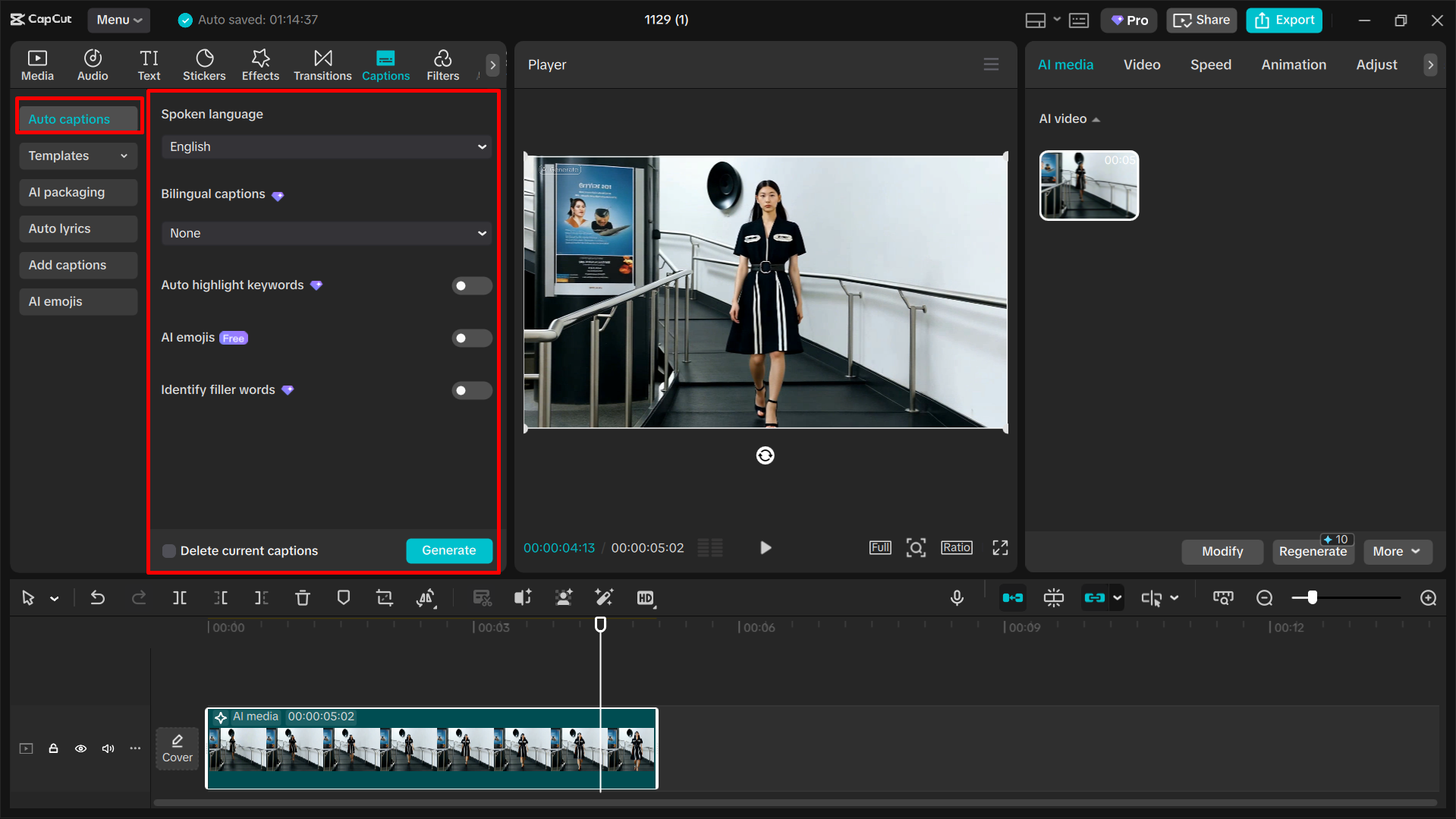 Real CapCut auto captions interface with language selection and subtitle generation