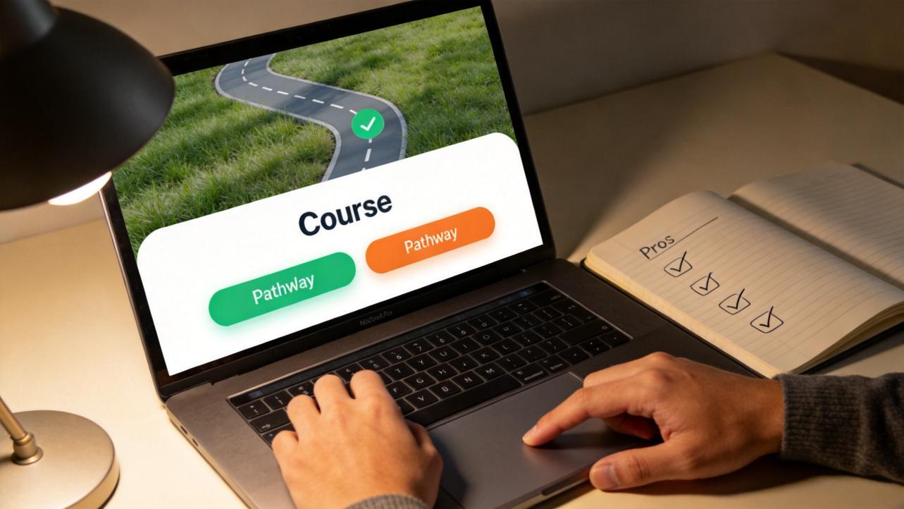 Laptop shows a course pathway map with two selectable pathway buttons and a checklist notebook beside it