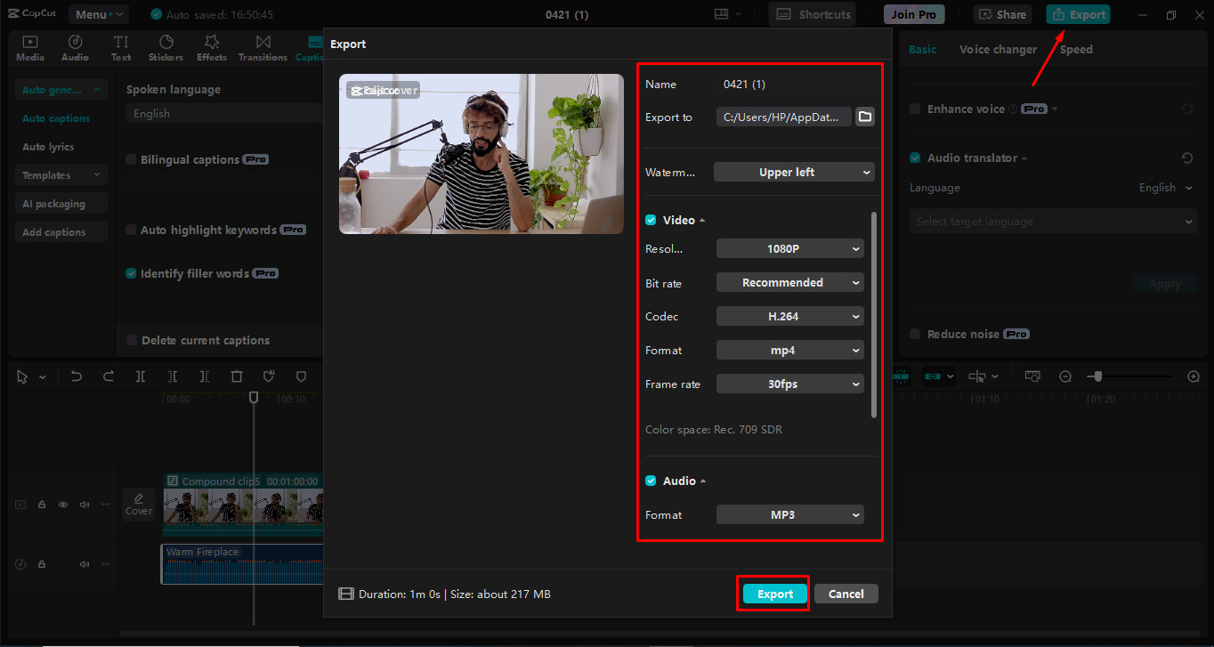 Esportazione del podcast dopo la modifica dall'editor video desktop Capcut