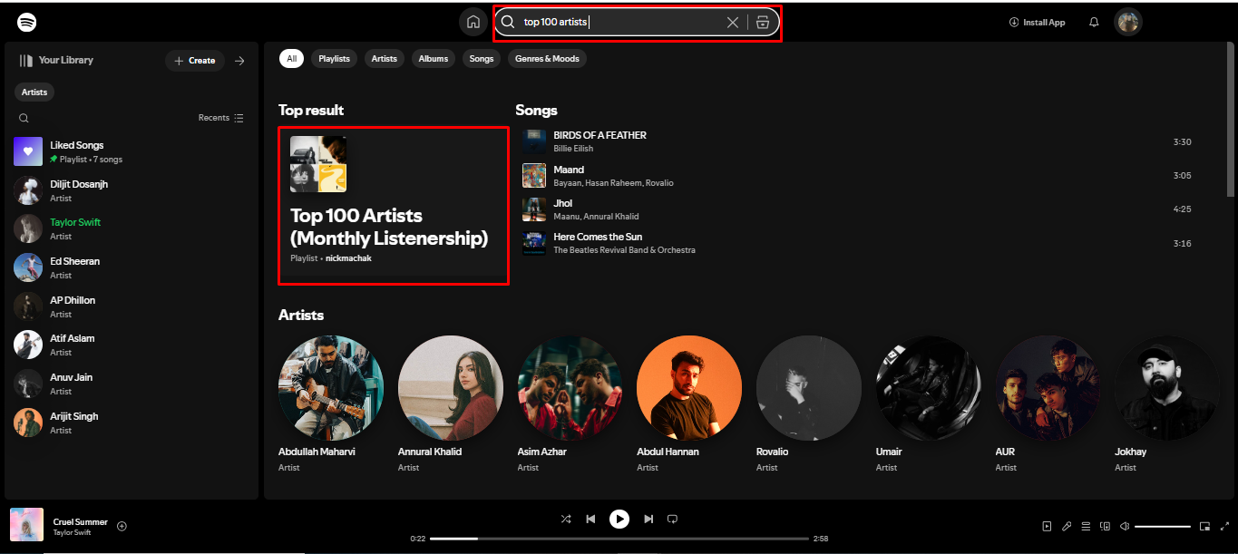 Image showing how to access the top 100 Spotify artists