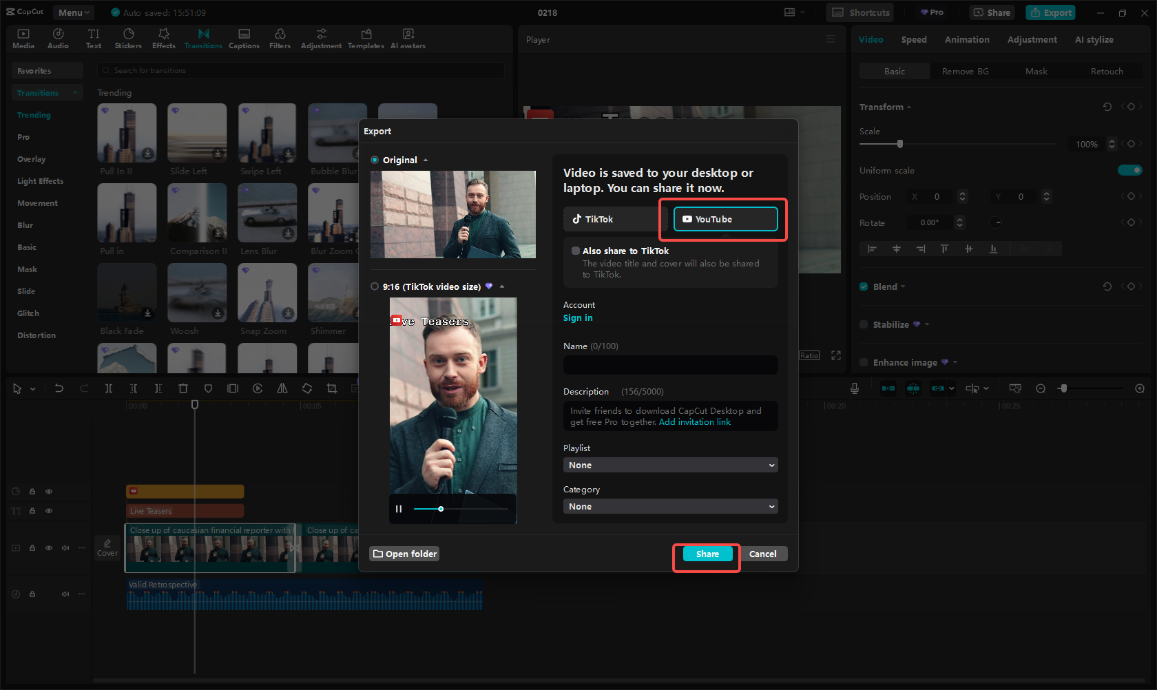 Esportare e condividere il video su YouTube