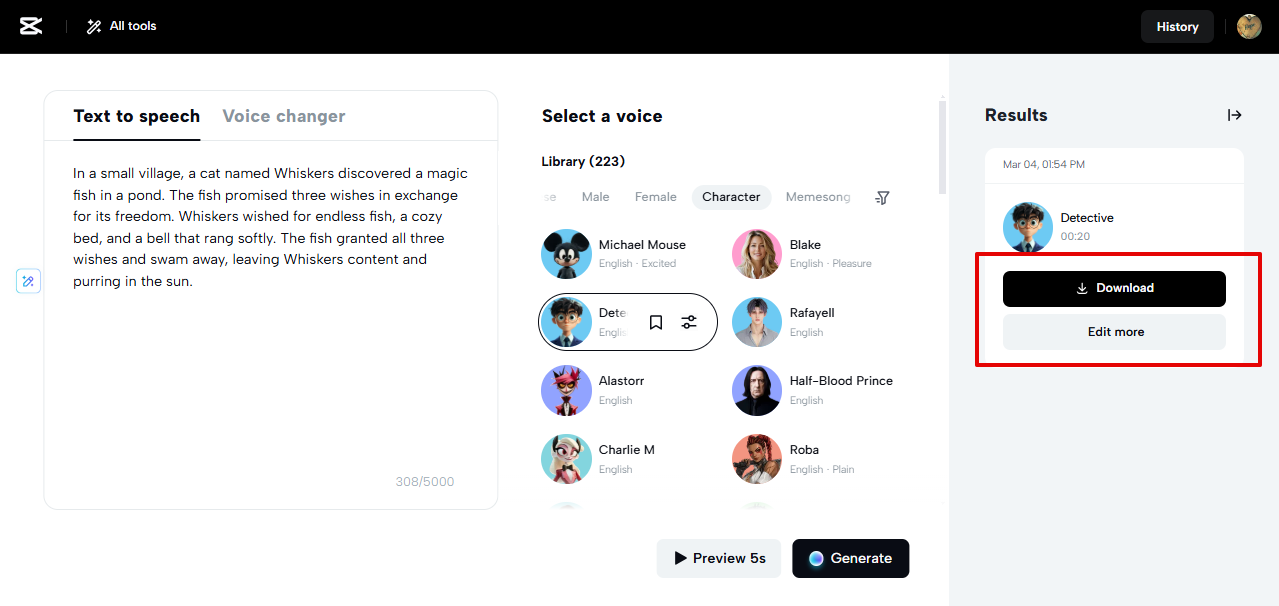 Exportando la voz de un personaje de CapCut Web
