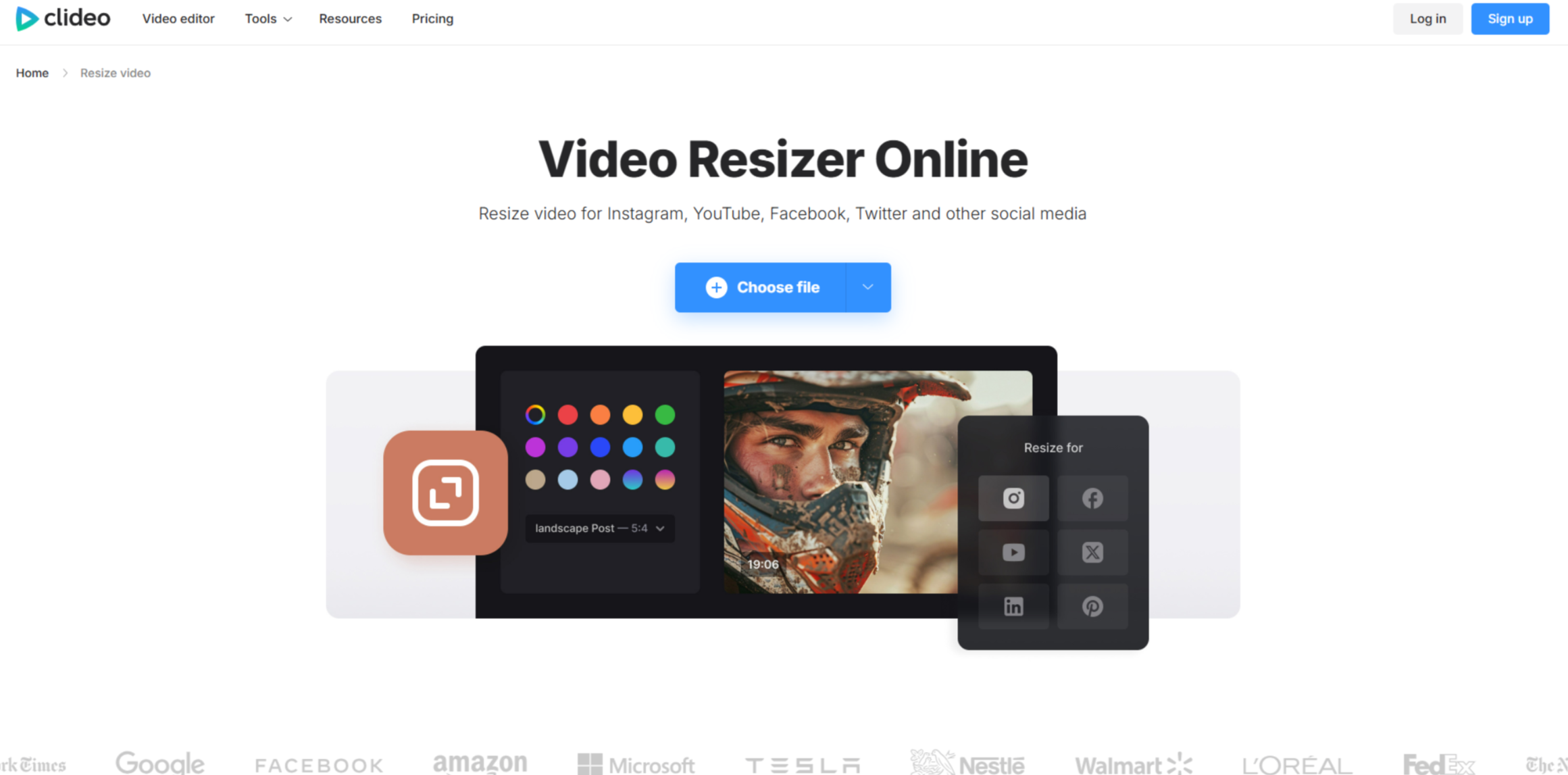 Interface de Clideo - un redimensionneur vidéo en ligne facile à utiliser