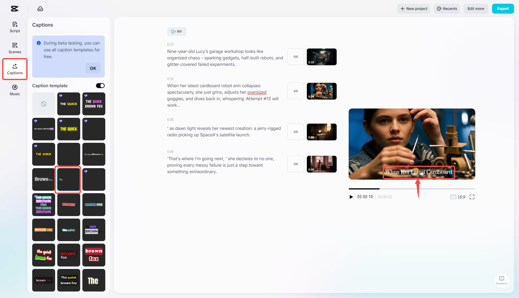 Editar texto en CapCut AI video maker