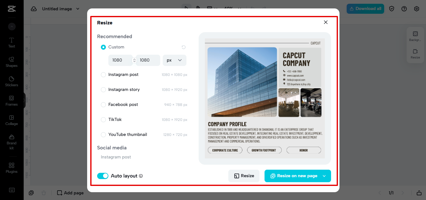Resizer del canvas in CapCut Web