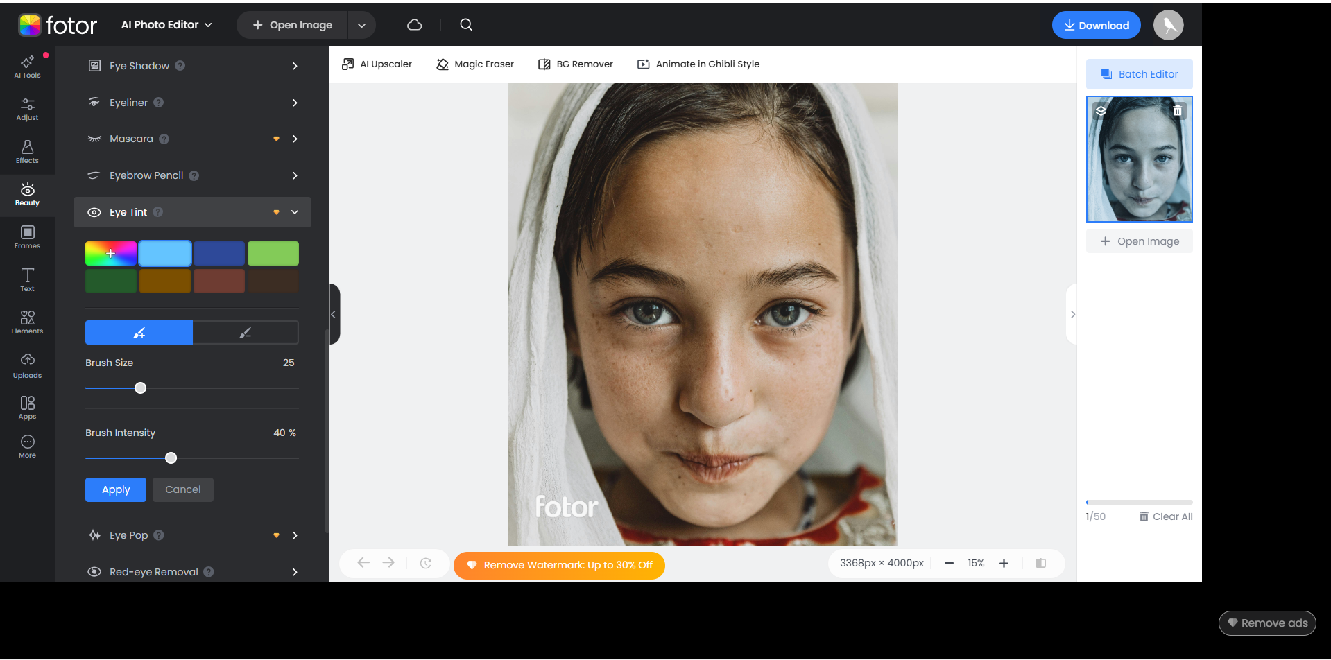 Interface of Fotor - the best online app to change eye color