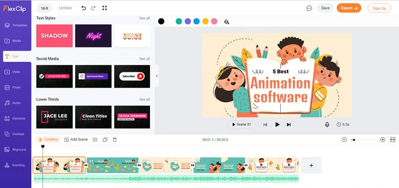 Interface do Flexclip - um aplicativo de motion graphic gratuito e versátil