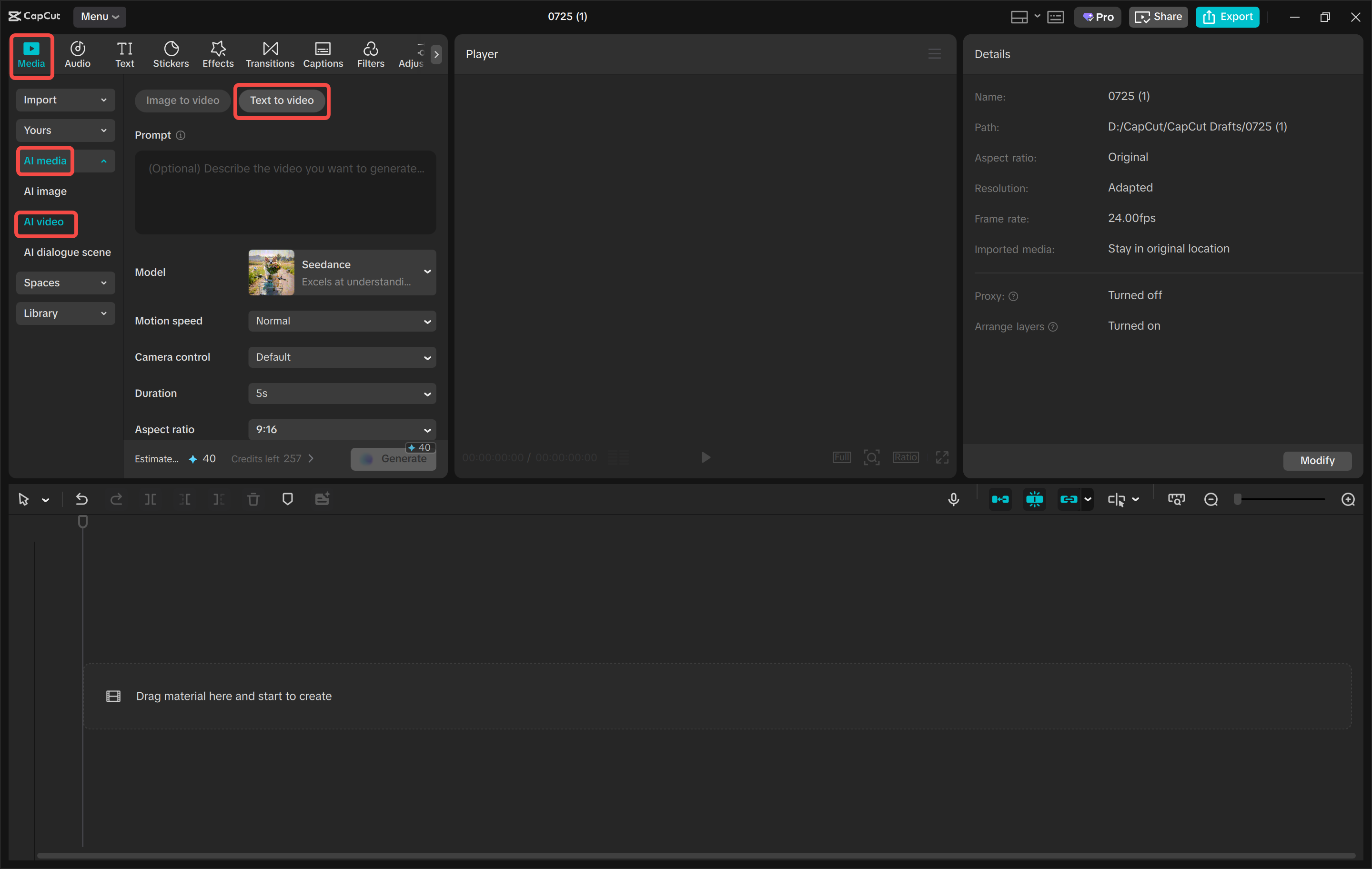 Acceso a la herramienta de texto a video en el CapCut editor de video de escritorio