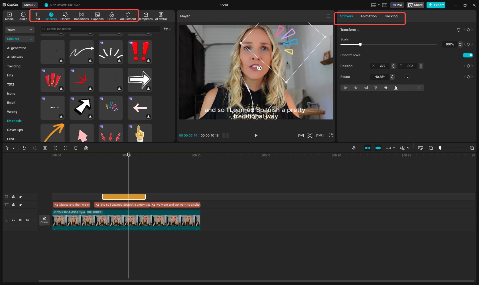 Adding elements to the video in CapCut