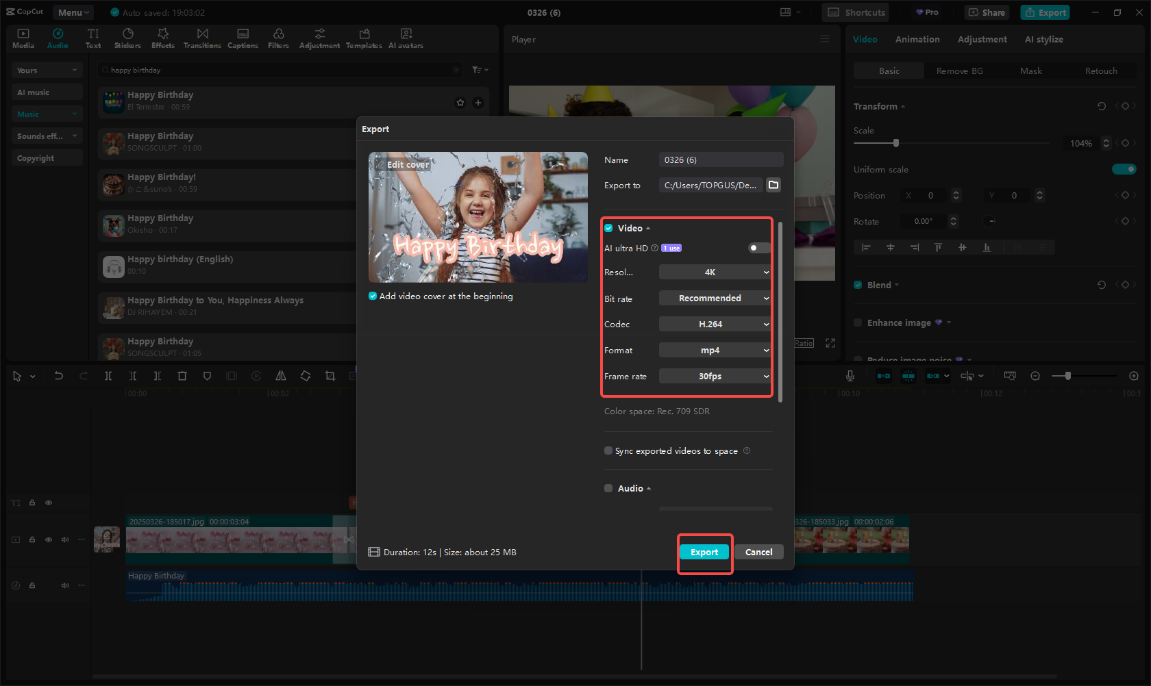 Export and share the birthday video