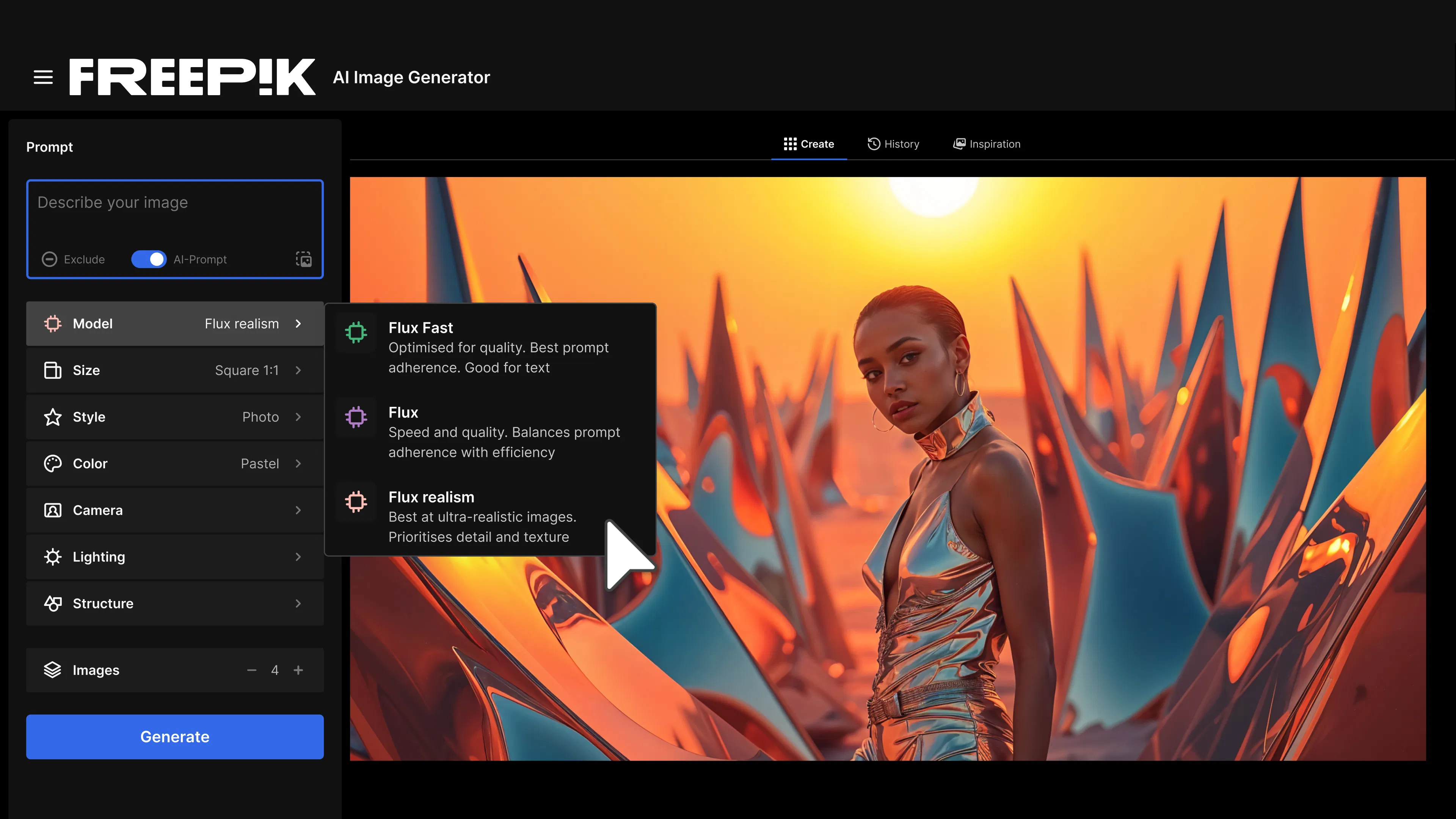 Interfaz del generador de video Freepik AI