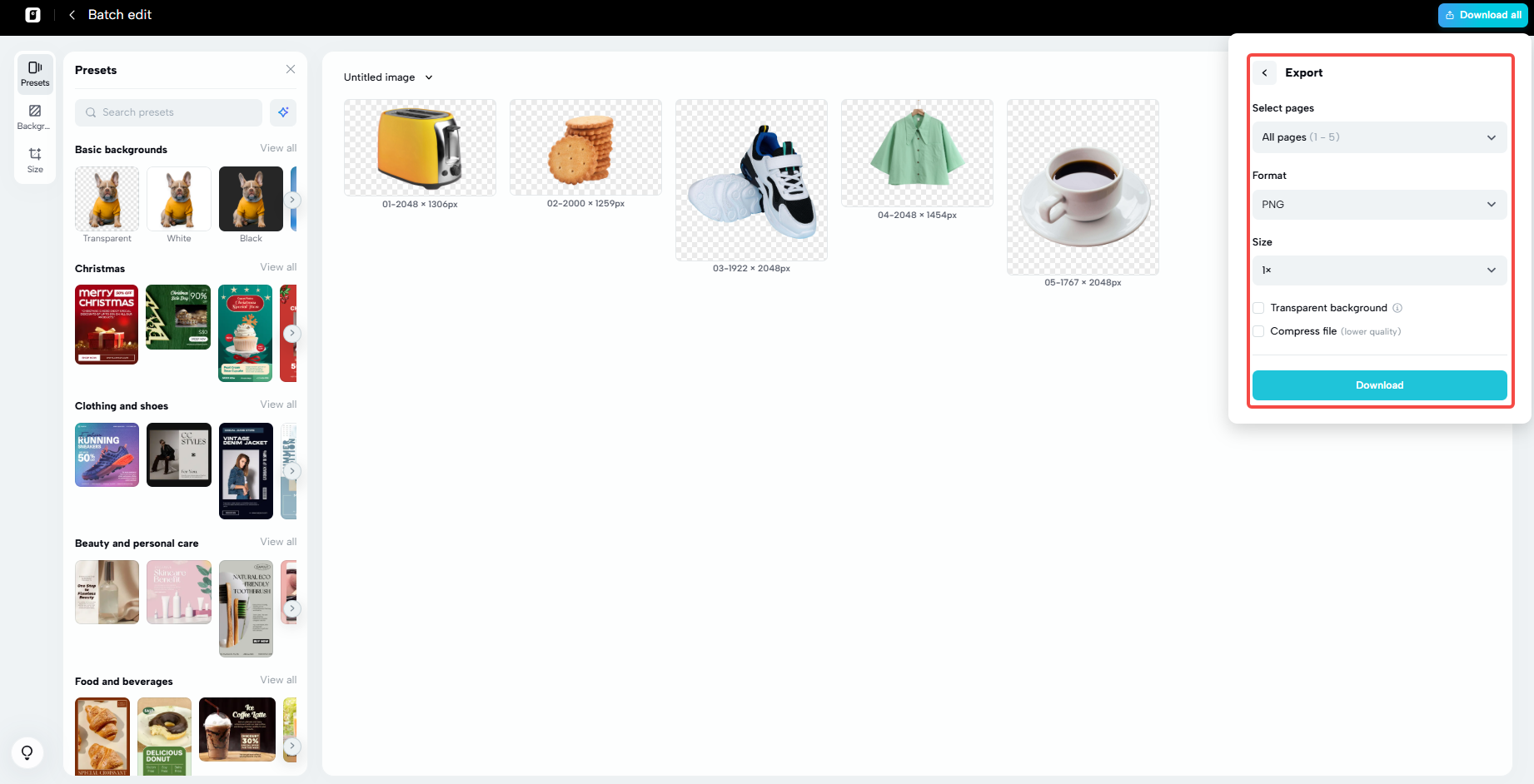 Choose dimensions and download resized files