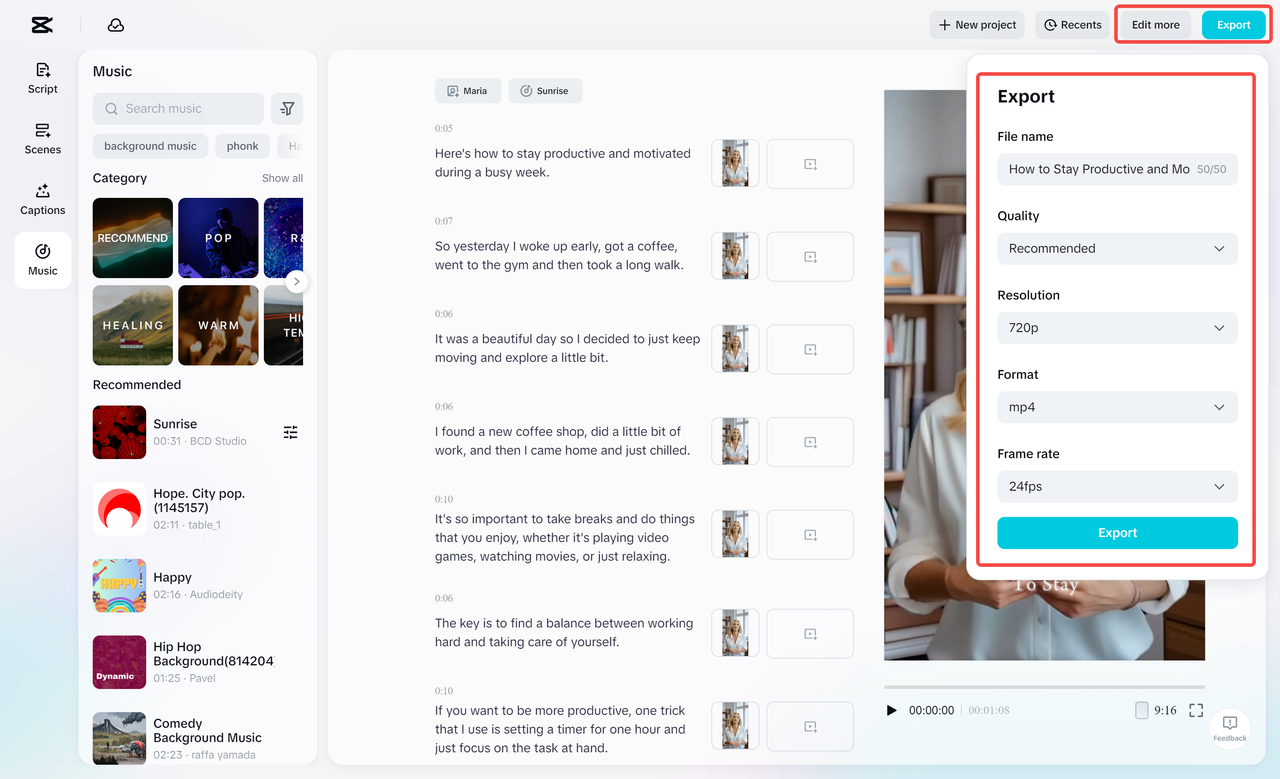 Esportazione di un video dall' CapCut editor video desktop