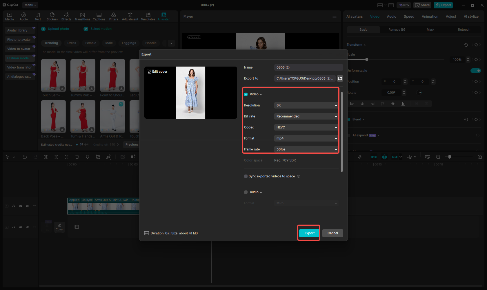 Exporting the video of the virtual try-on in CapCut