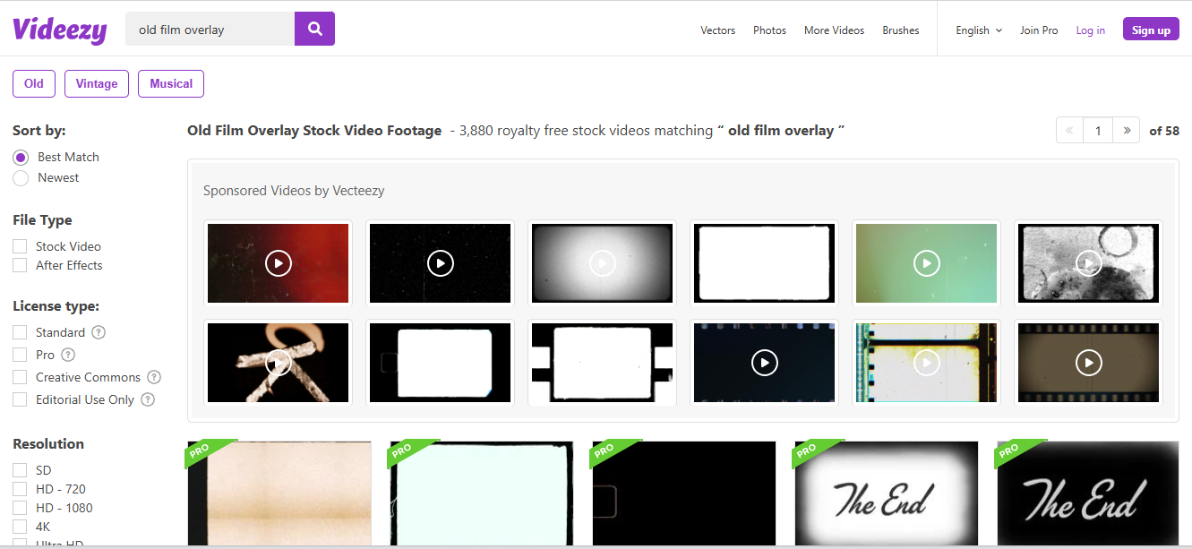 Image montrant l'interface de Videezy - une excellente plate-forme pour les superpositions d'anciens appareils photo de haute qualité