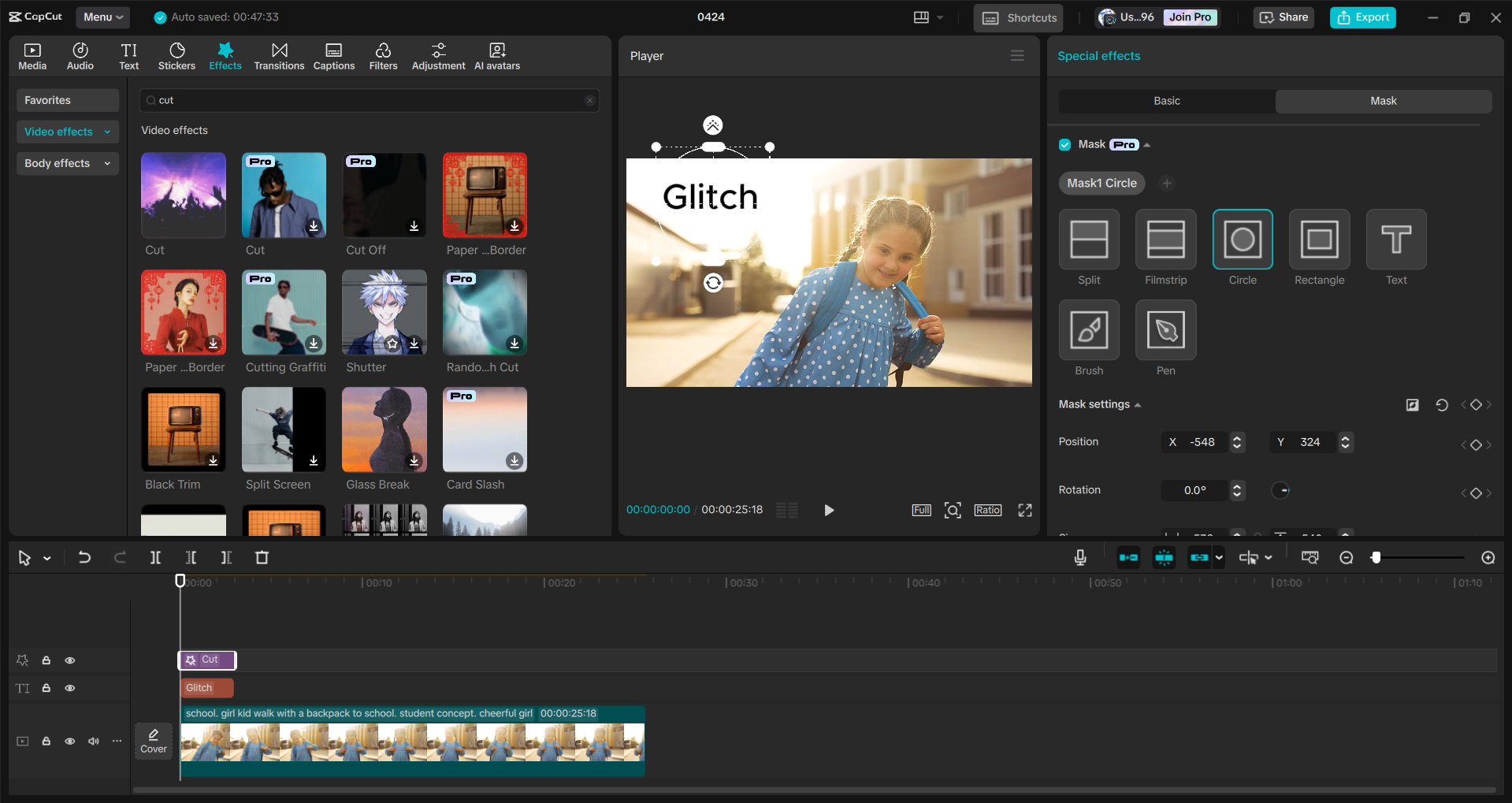 Interface of the CapCut desktop video editor - an alternative way to add glitch effect to texts