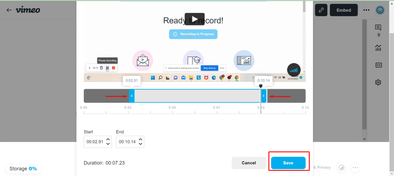 Saving the recording on the Vimeo recorder