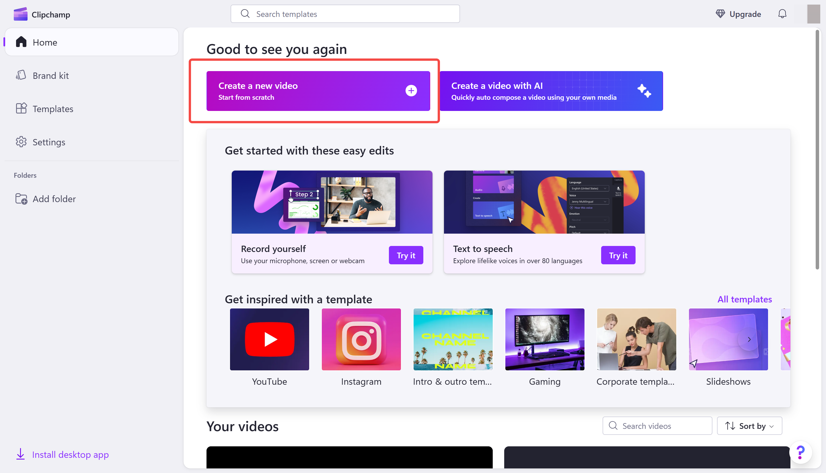 Tạo một dự án mới trong Microsoft video editor