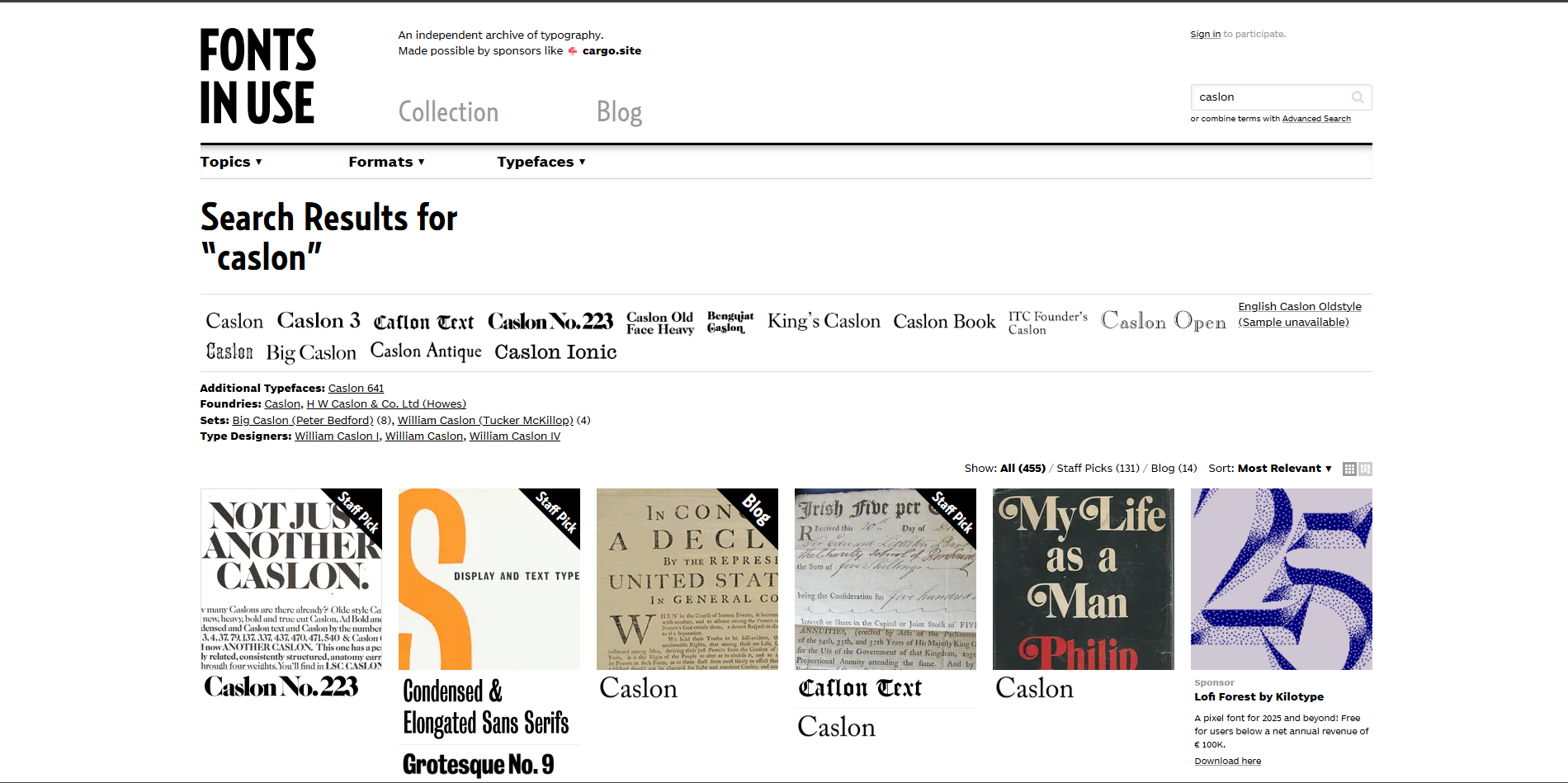 Antarmuka Fontsinuse - situs lain untuk mengunduh font Caslon