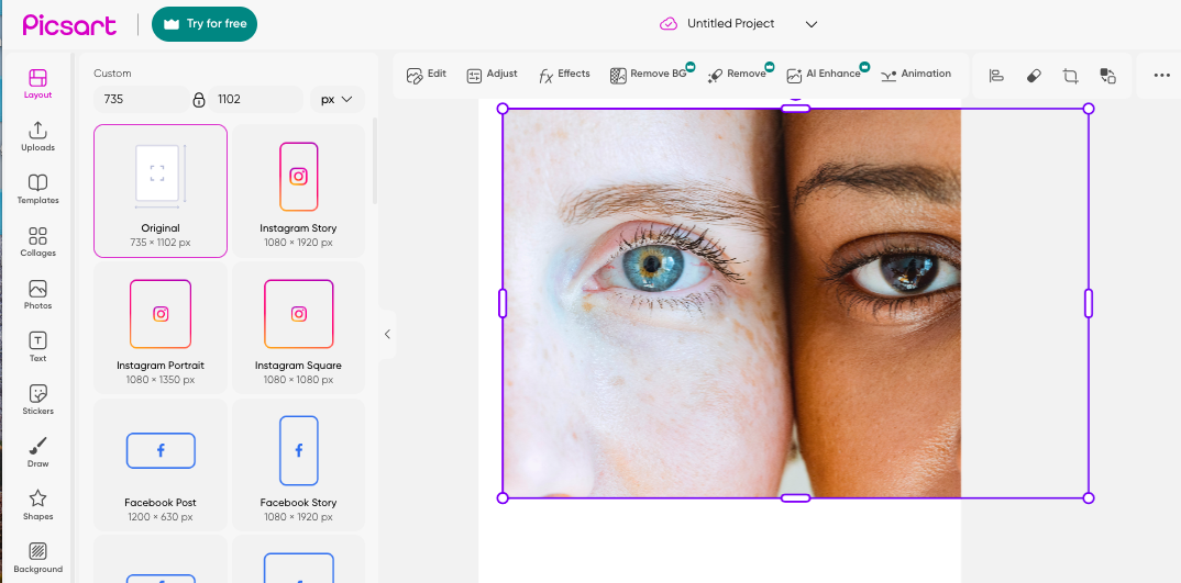 Interface ng Picsart - isang versatile at libreng online AI photo editor