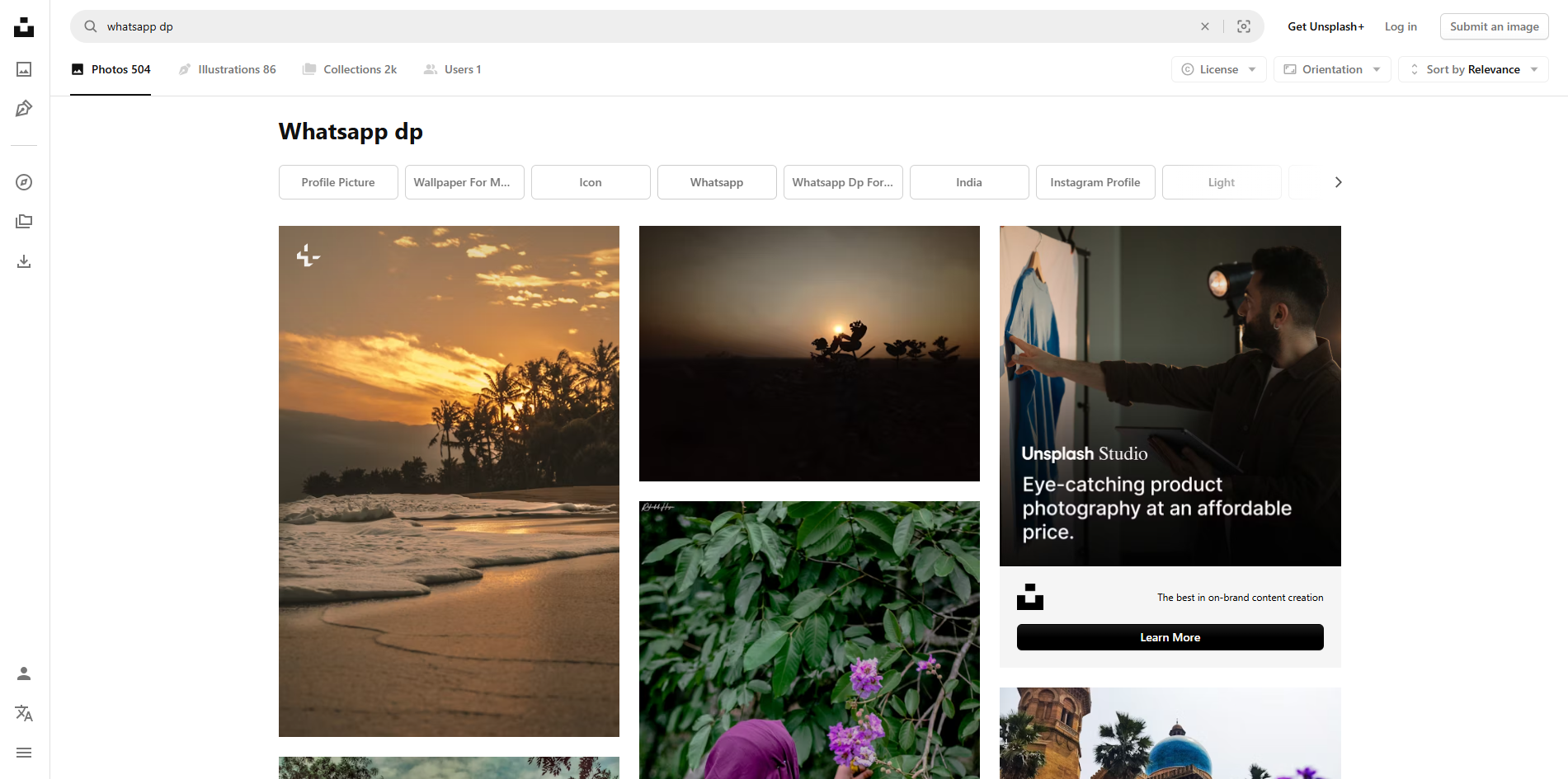 Interface of Unsplash - a good site to download Whatsapp profile pic for boys